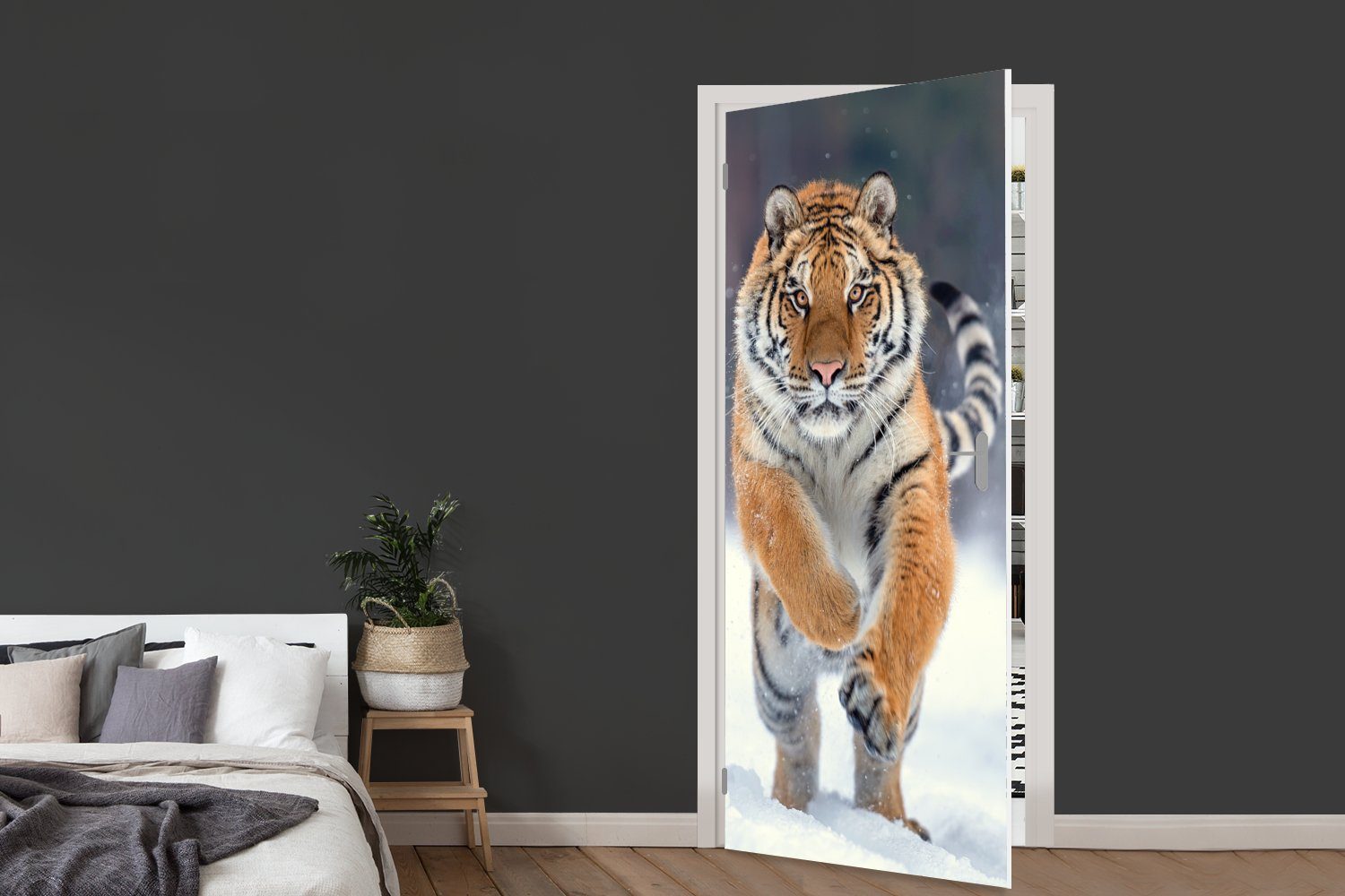 Tiere, Matt, - Tür, - - cm bedruckt, 75x205 Tiger für Fototapete (1 Schnee Türaufkleber, Türtapete MuchoWow St), Landschaft