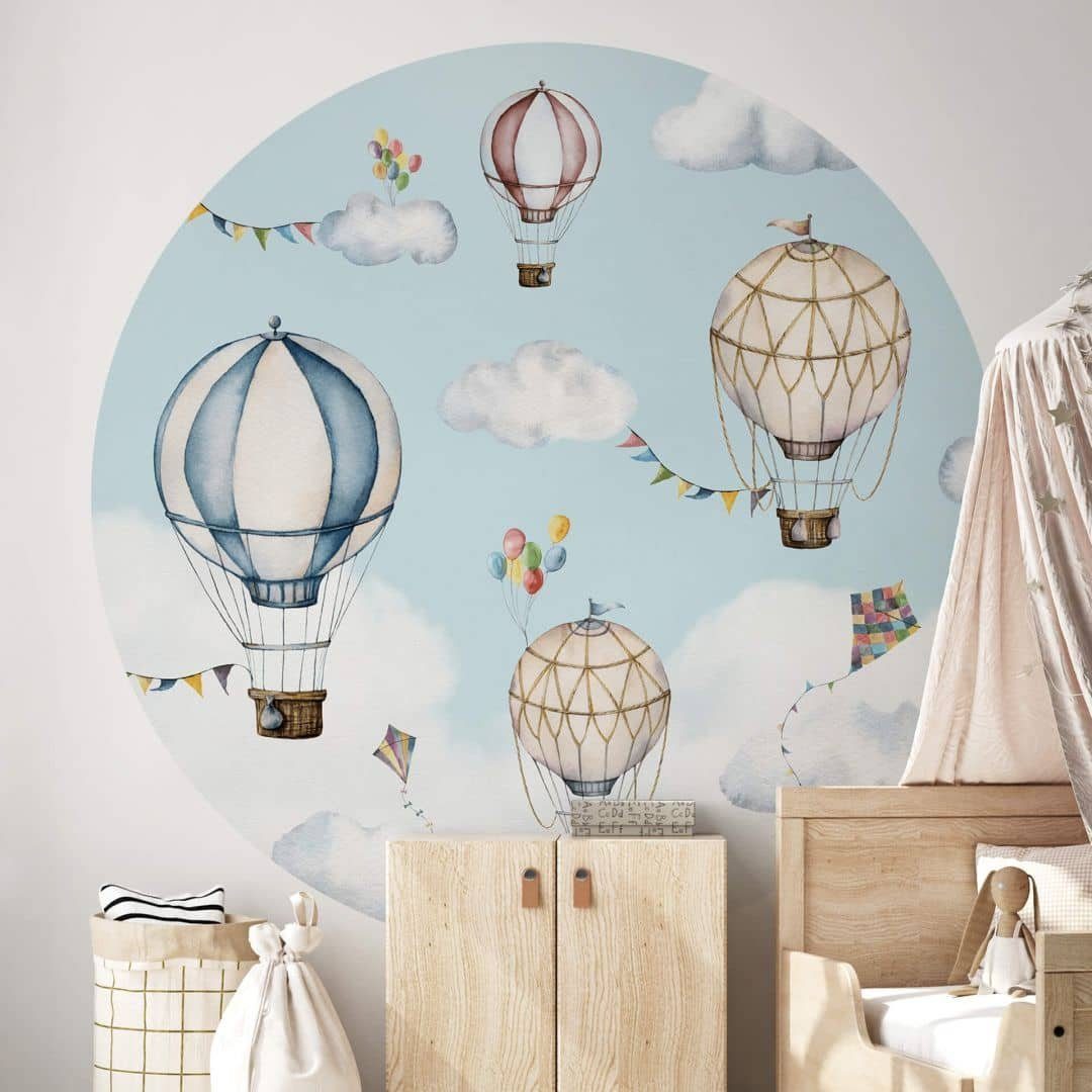 K&L Wall Art Fototapete Fototapete Baby Kinderzimmer Heißluftballon  Vliestapete Luftballon rund, große Kinder Motivtapete