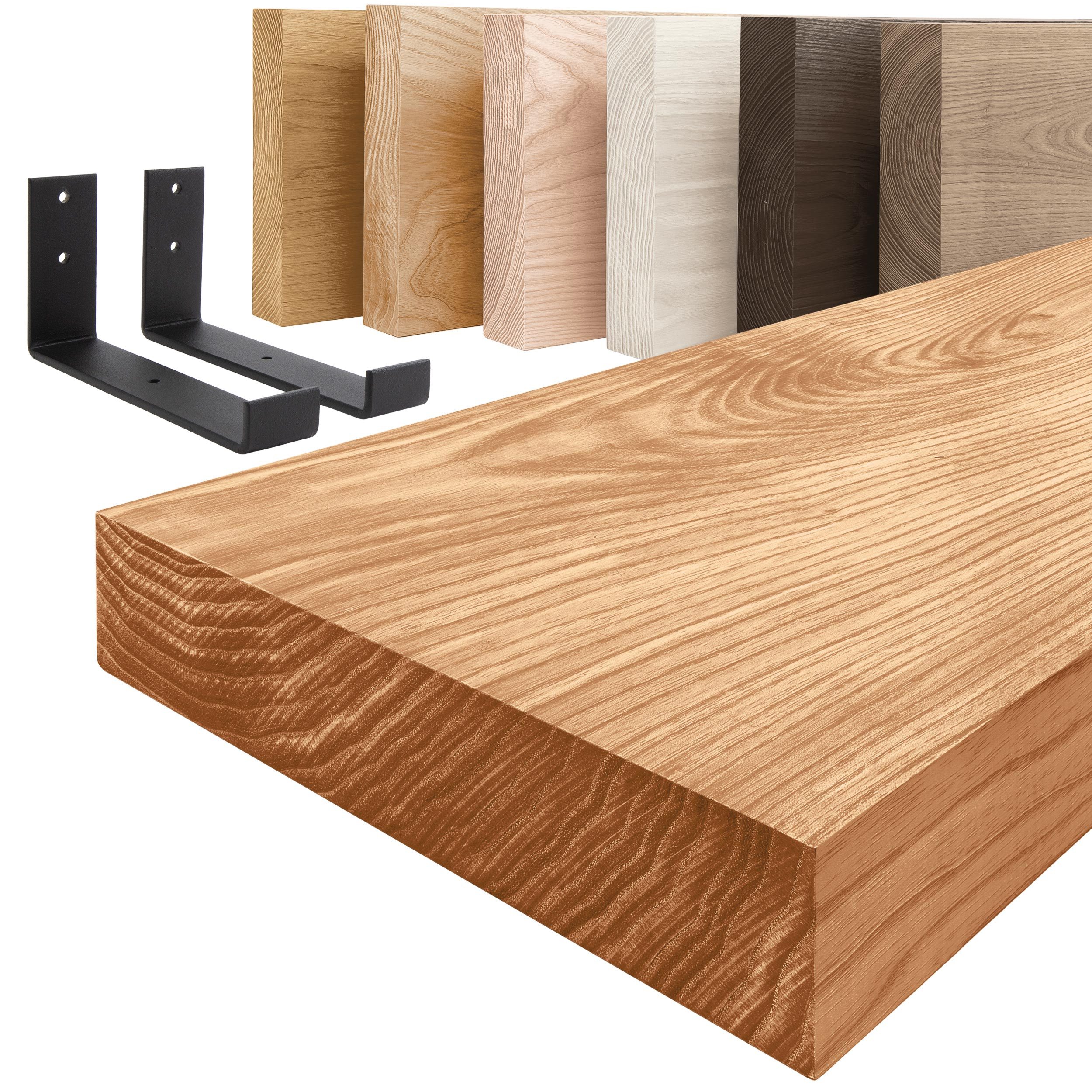LAMO Manufaktur Wandregal Holz Gerade Regal Farbe: Dunkel mit schwarzem Industrial 40 cm, Komplett-Set, 40mm stake Massivholzplatte