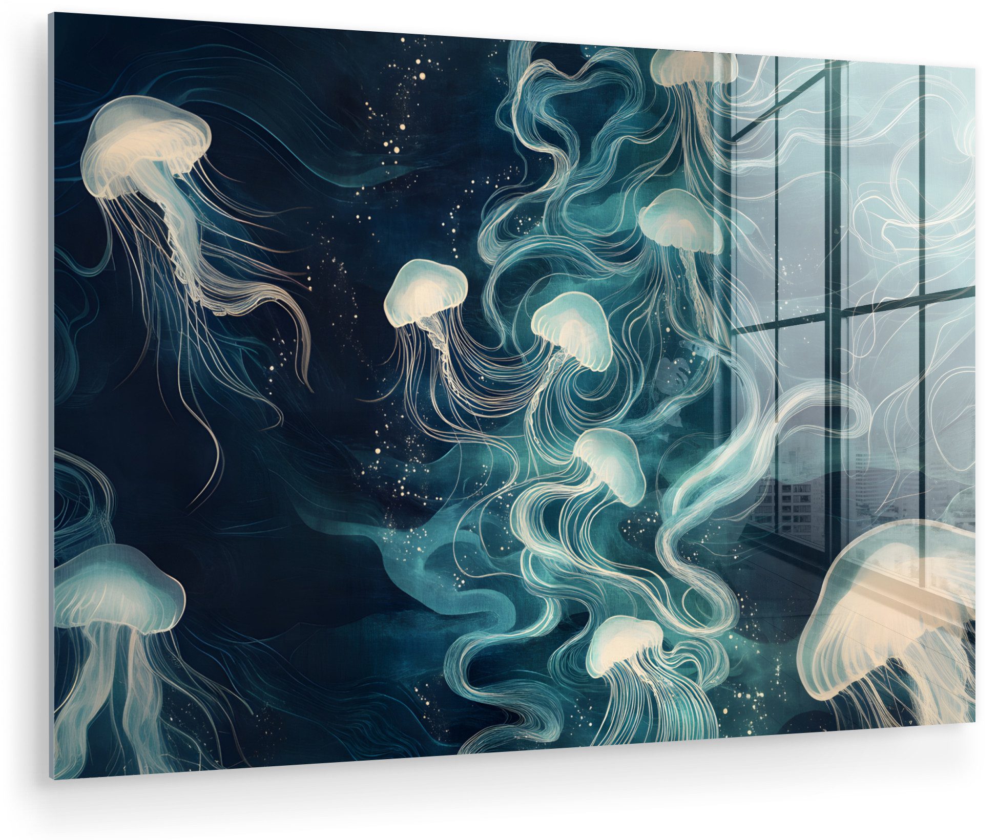 MuchoWow Acrylglasbild Qualle - Meer - Weiß - Wellen, Inkl. Aufhängung, Glasbilder Wohnzimmer, Schlafzimmer, Flur & Esszimmer, 30x20 cm