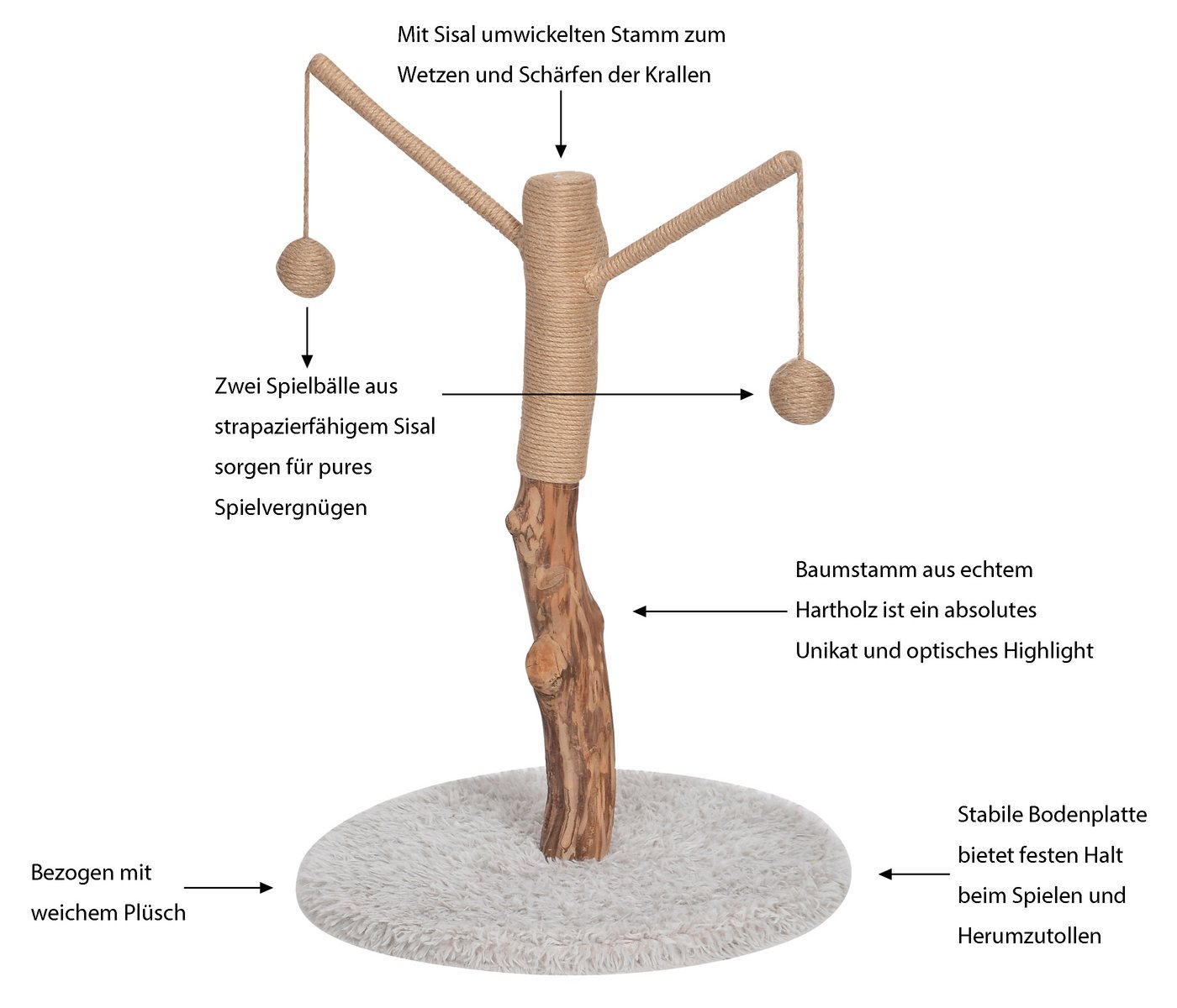 Thumbnail - Dehner Kratzbaum Lovely Stamm, 80 x 45 x 45 cm, Holz/Plüsch/Sisal, stabiler Spielbaum mit Sisal-Kratzstamm und kuschelig...