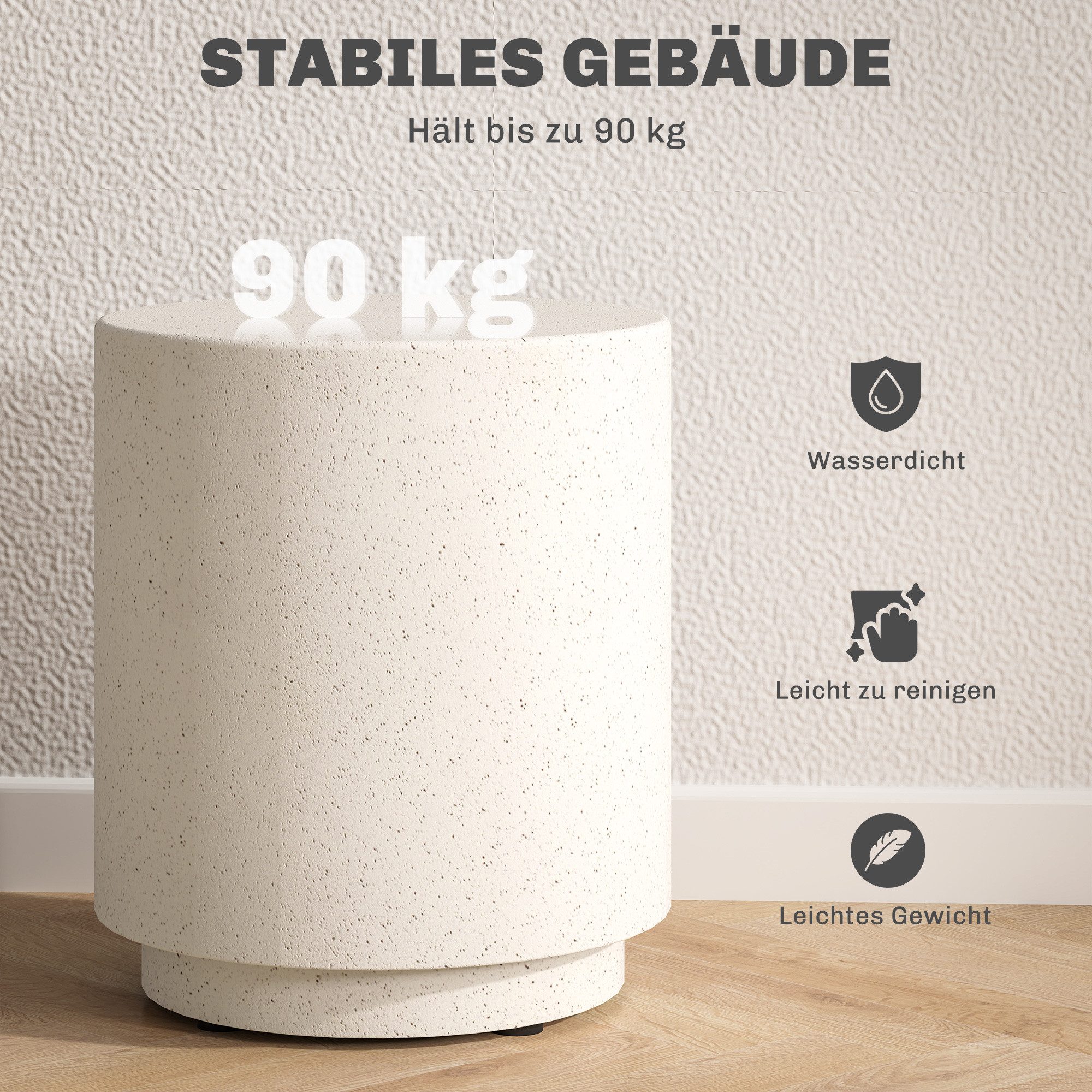 HOMCOM Beistelltisch Rund Nachttisch mit Beton-Optik, Couchtisch mit Fußstützen (Wasserdicht, 1-St., Anorganisches Erzpulver), Cremeweiß 37 x 37 x 43 cm – Bild 5 von 5