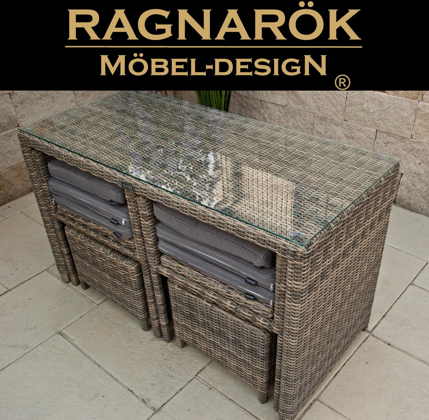 Ragnarök Möbel-Design Garten-Essgruppe HEIMDALL Esstisch Set 2+2, (Set, Polyrattan, Alu), 10 Jahre Garantie auf UV Beständigkeit des Polyrattan, Würfelsystem