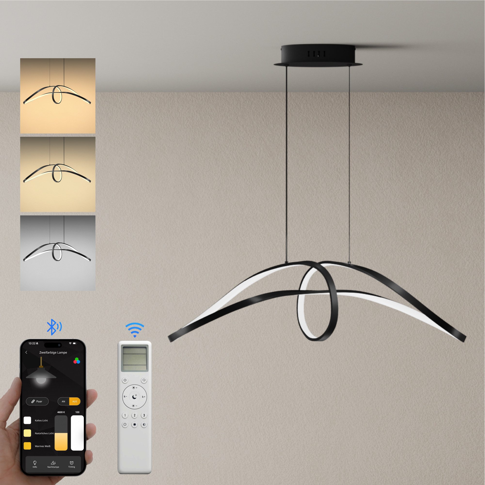 doporro LED Pendelleuchte Hängeleuchte dimmbar Höhenverstellbar 30W 3 Steuerungsmoid Luvina11, LED fest integriert, 3-fach-Steuerung