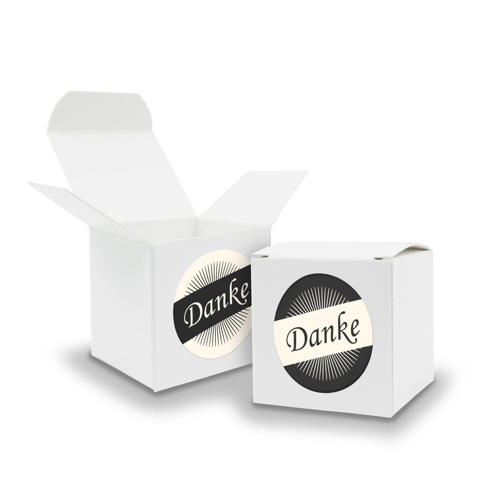 Würfel 24x SET Sticker itenga DANKE + (Motiv36) Geschenkpapier Faltschachtel 6,5cm weiß