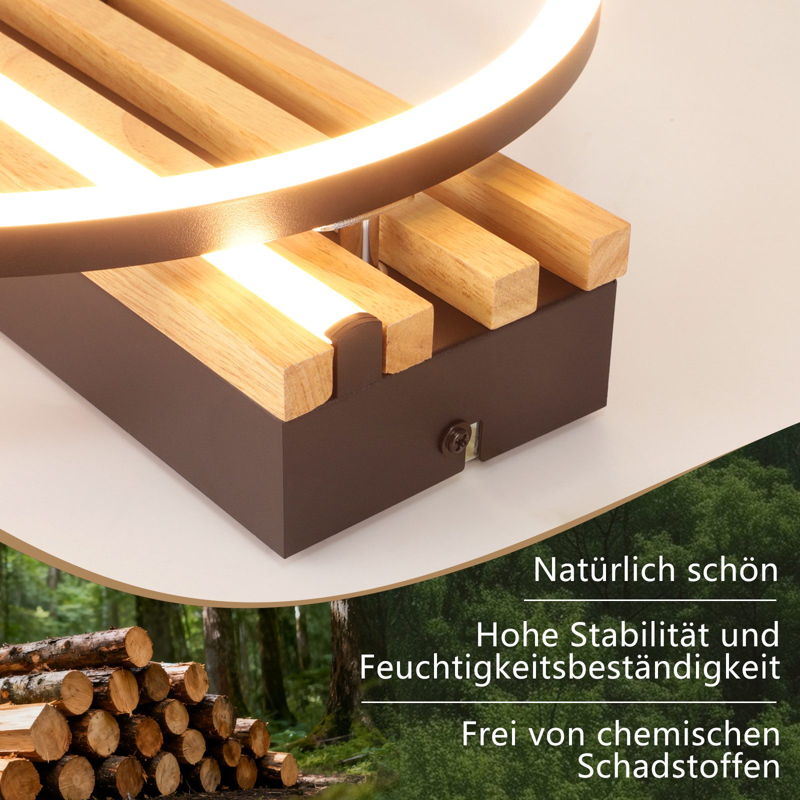 ZMH LED Deckenleuchte 24W 38cm Schlafzimmer Küche 3000K Warmweiß Modern Design, LED, holz, eckig/ring, schwarz, modern, Warmweiß, flur