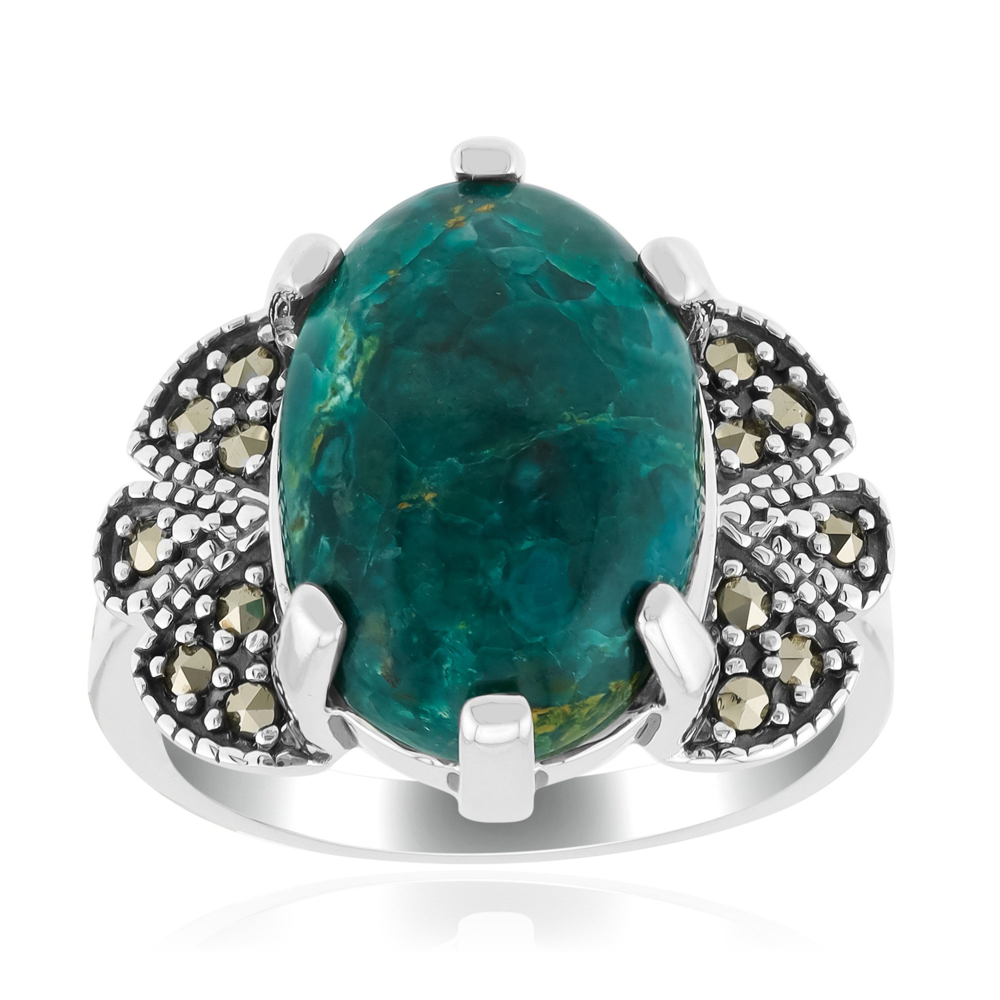 Cavill Silberring Cavill Chrysokoll Ring 5,18 ct Sterling Silber mit Markasit grün oval (1-tlg)