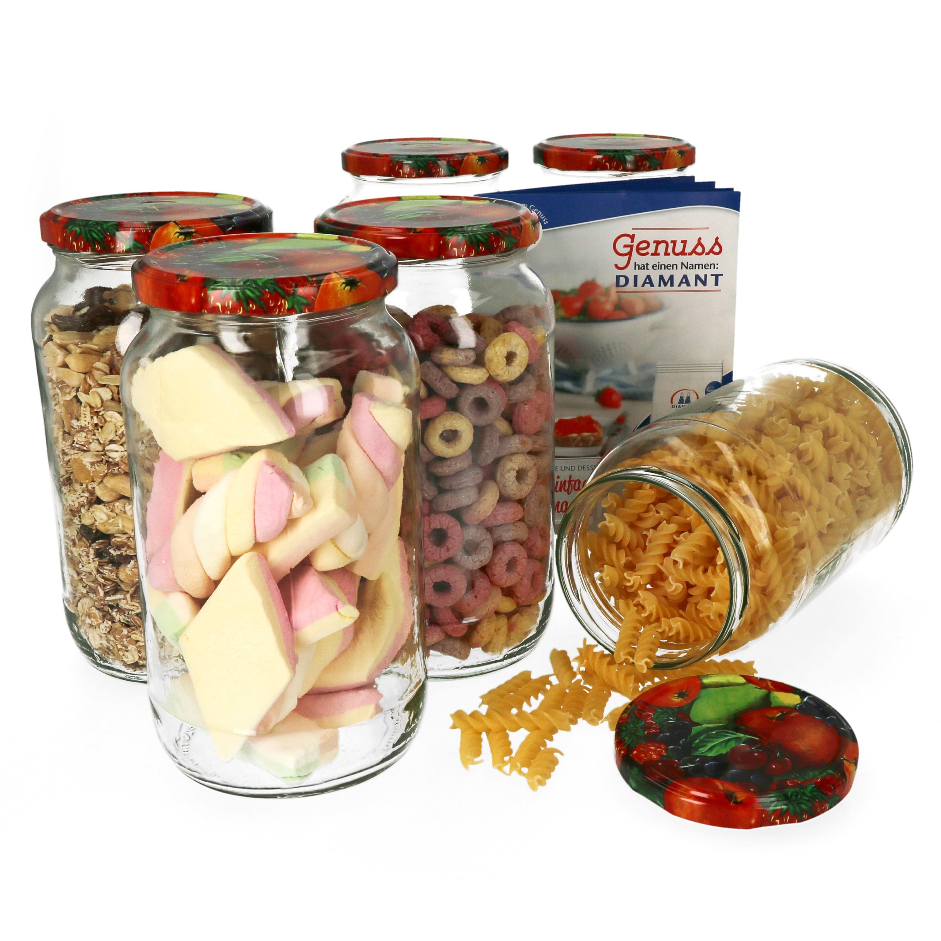MamboCat Einmachglas 6er Set Rundglas 1062 ml To 82 Obst Deckel incl. Rezeptheft, Glas