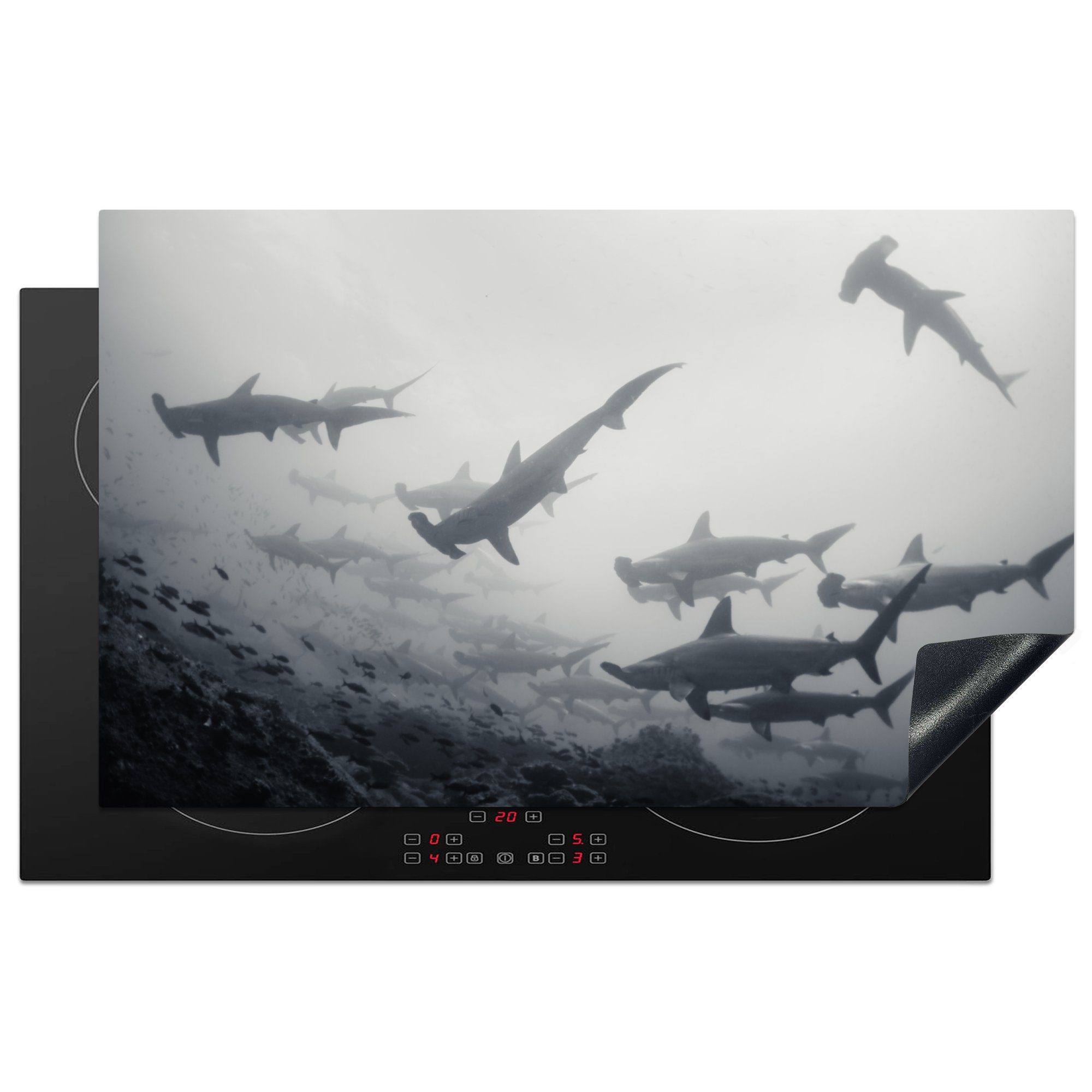 MuchoWow Herdblende-/Abdeckplatte Eine Schule von Hammerhaien, Vinyl, (1 tlg), 83x51 cm, Ceranfeldabdeckung, Arbeitsplatte für küche