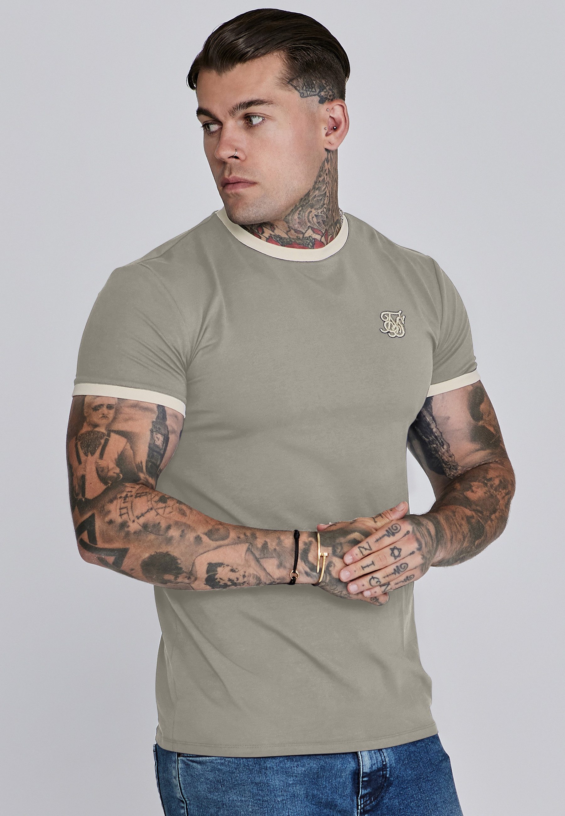 T-Shirt SikSilk Herren Stone and Ecru Ringer T-Shirt
