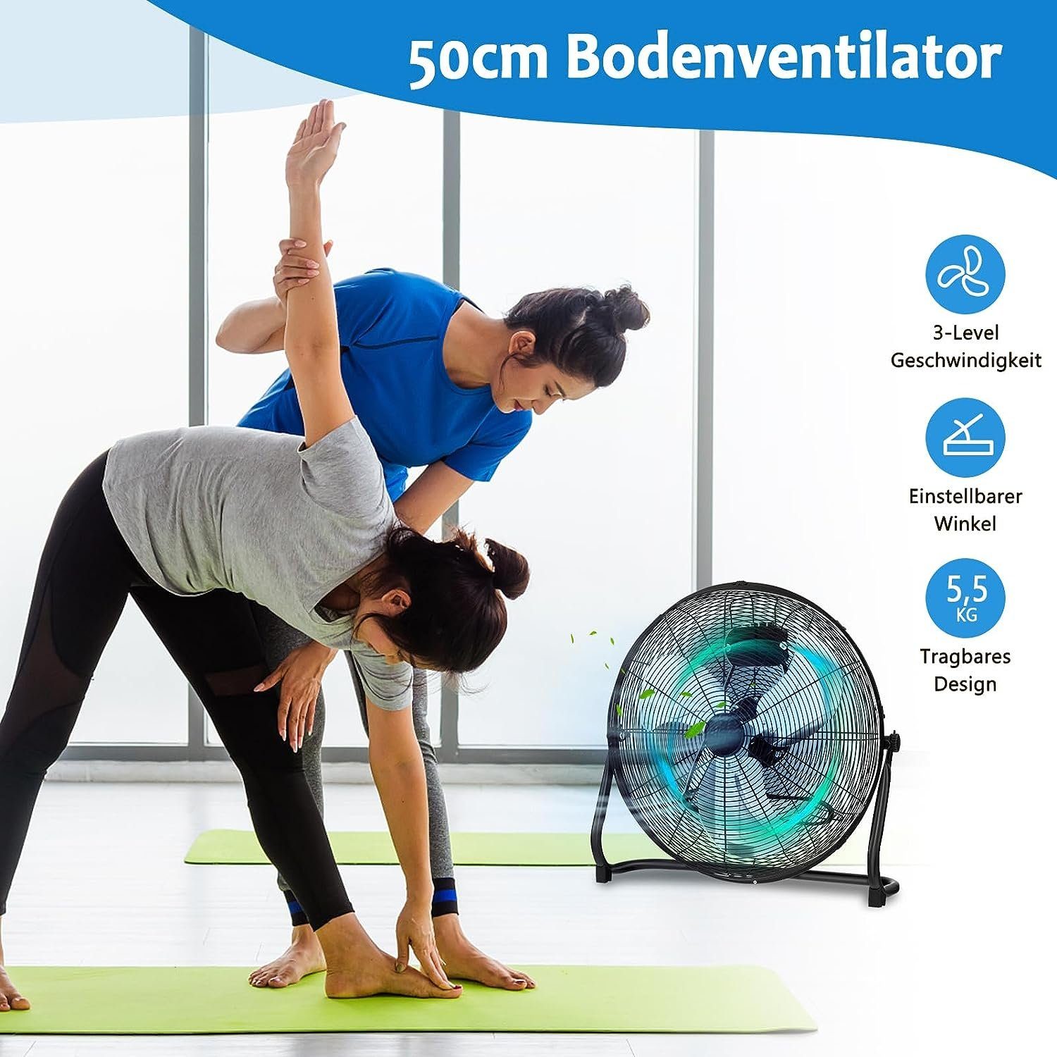 KOMFOTTEU Bodenventilator Standventilator mit 3 Geschwindigkeitsstufen & Handgriff, φ50 cm, 145° verstellbarer Ventilatorkopf