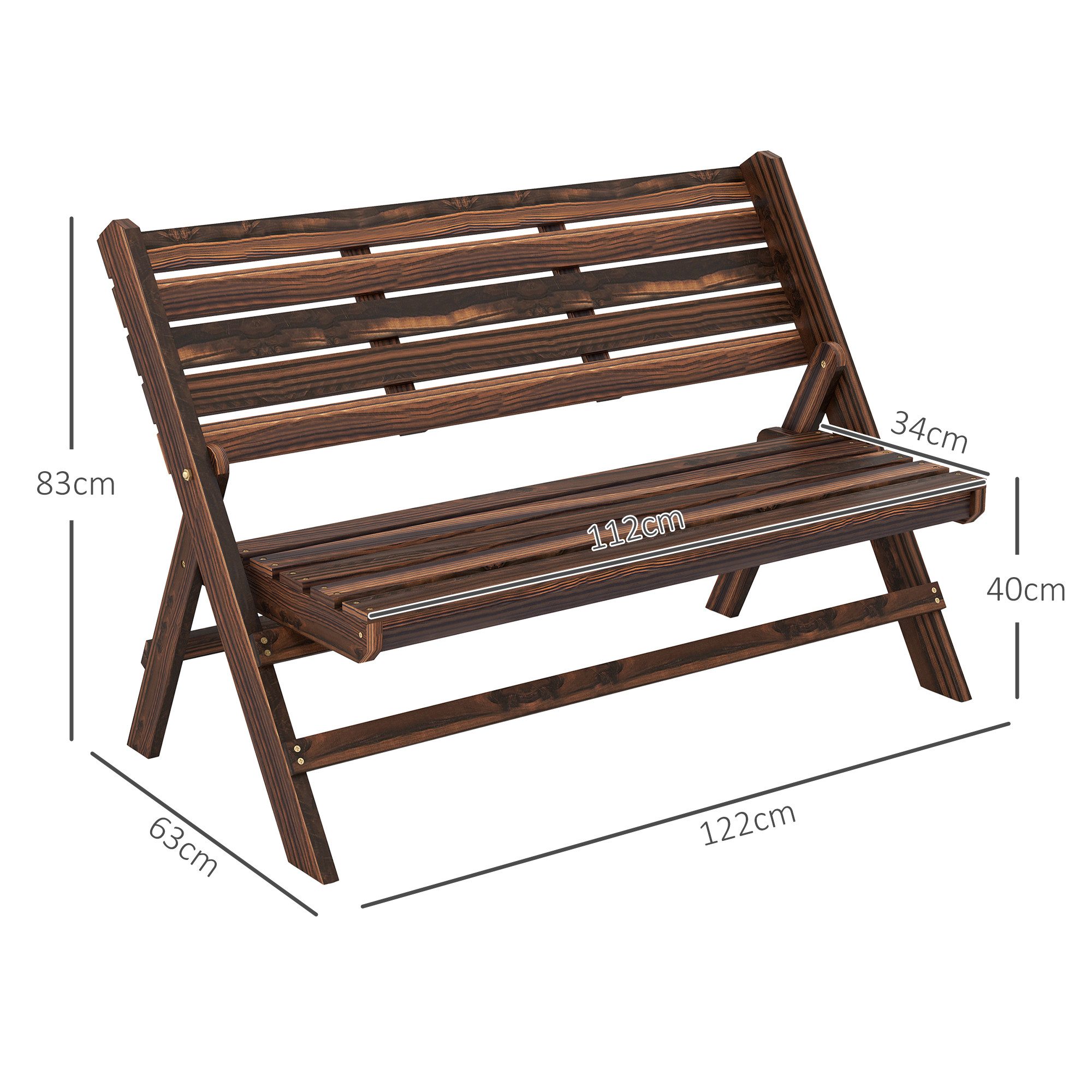 Outsunny Bank Holzbank mit Rückenlehne, Parkbank, bis 250 kg belastbar (2-Sitzer Sitzbank, 1-St., Gartenbank), für Garten, Balkon, Verkohlt, 122 x 63 x 83 cm