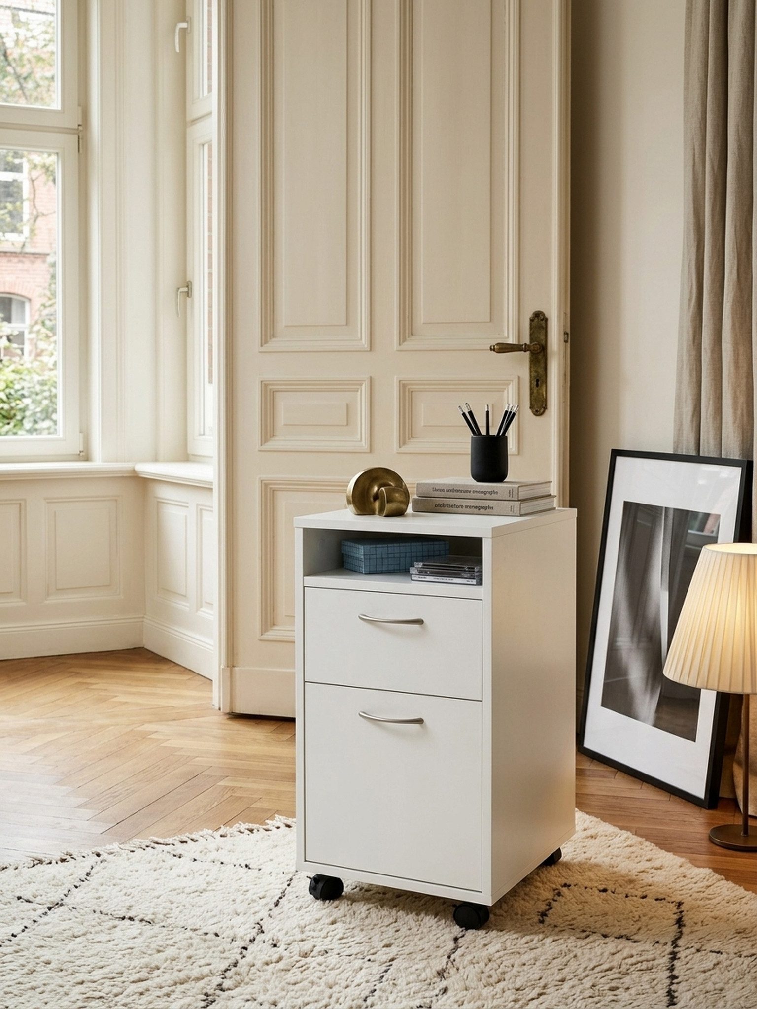 KADIMA DESIGN Rollcontainer Rollcontainer WL5.901 Weiß 33x63x38 cm Schreibtisch-Unterschrank, (Kleiner Schreibtischschrank mit Rollen), Holz, Roll-Kommode Modern, Bürocontainer Schubladenschrank mit Tür