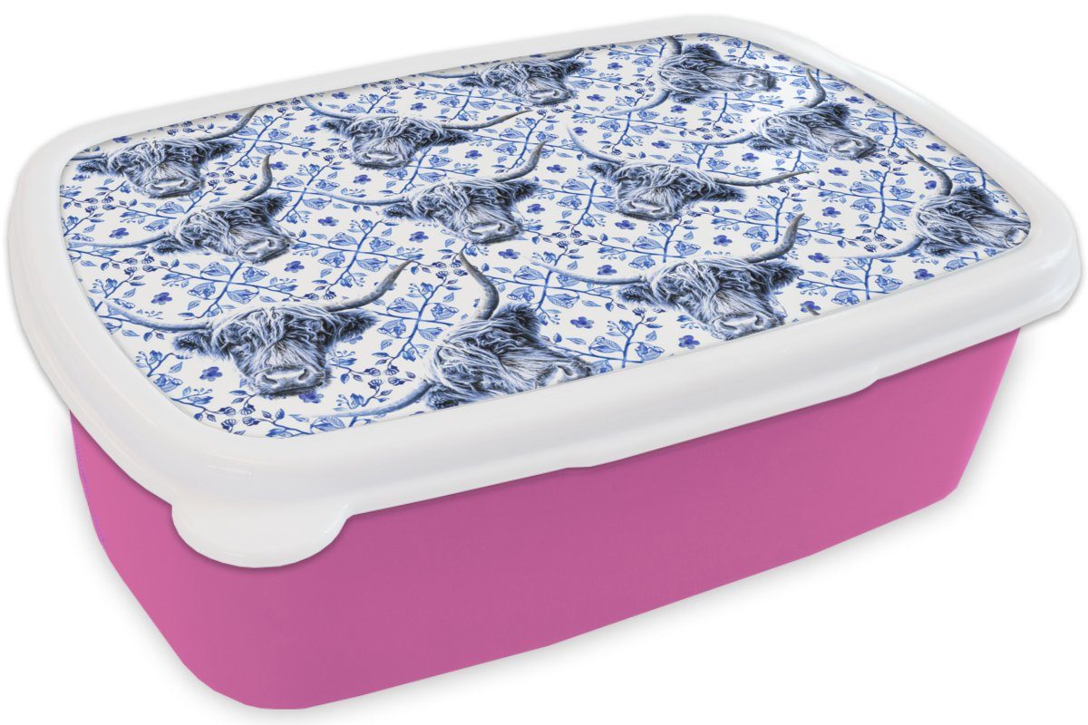 MuchoWow Lunchbox Schottischer Highlander Mädchen, Kinder, - für Snackbox, Kunststoff (2-tlg), Kunststoff, Delfter Erwachsene, - Brotdose rosa Muster, Blau Brotbox