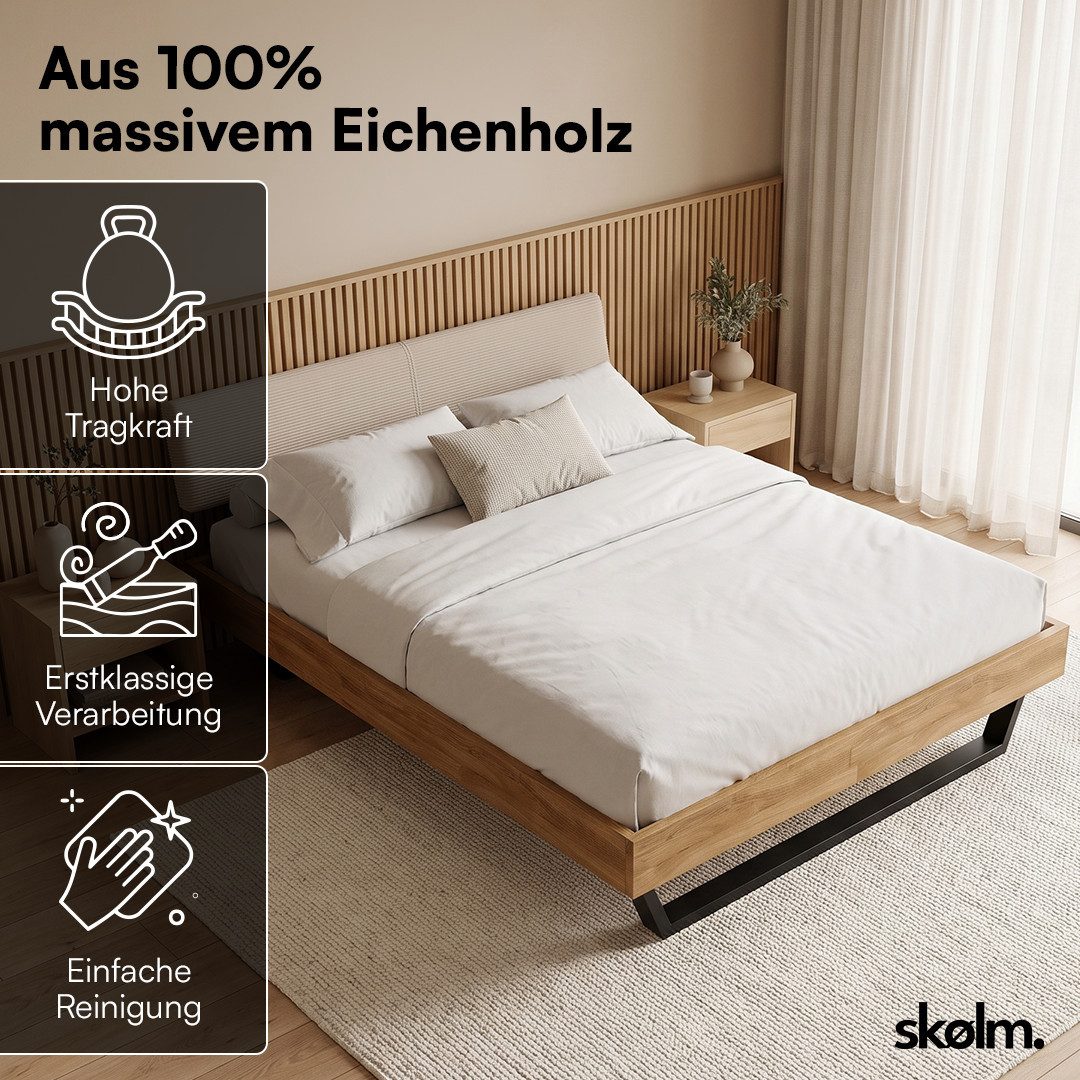 skølm Massivholzbett Alver aus Eiche mit Cord Bettkopf (140x200 cm, Cord-Kopfteil beige), Bettgestell natur geölt, verfügbar in 140/180 x 200 cm