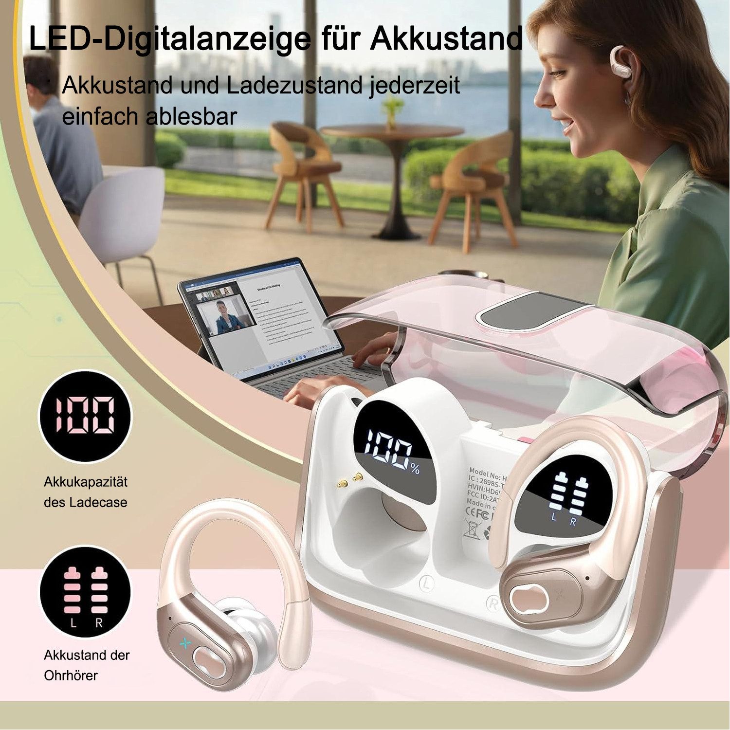 Futicare Sportkopfhörer Bluetooth 5.4 mit Ohrbügel,ENC-Mikrofon und 75 Std.Akku In-Ear-Kopfhörer (kabelloses Headset mit Dual-LED, IPX7 für Laufen, Fitness & Al – Bild 4 von 5