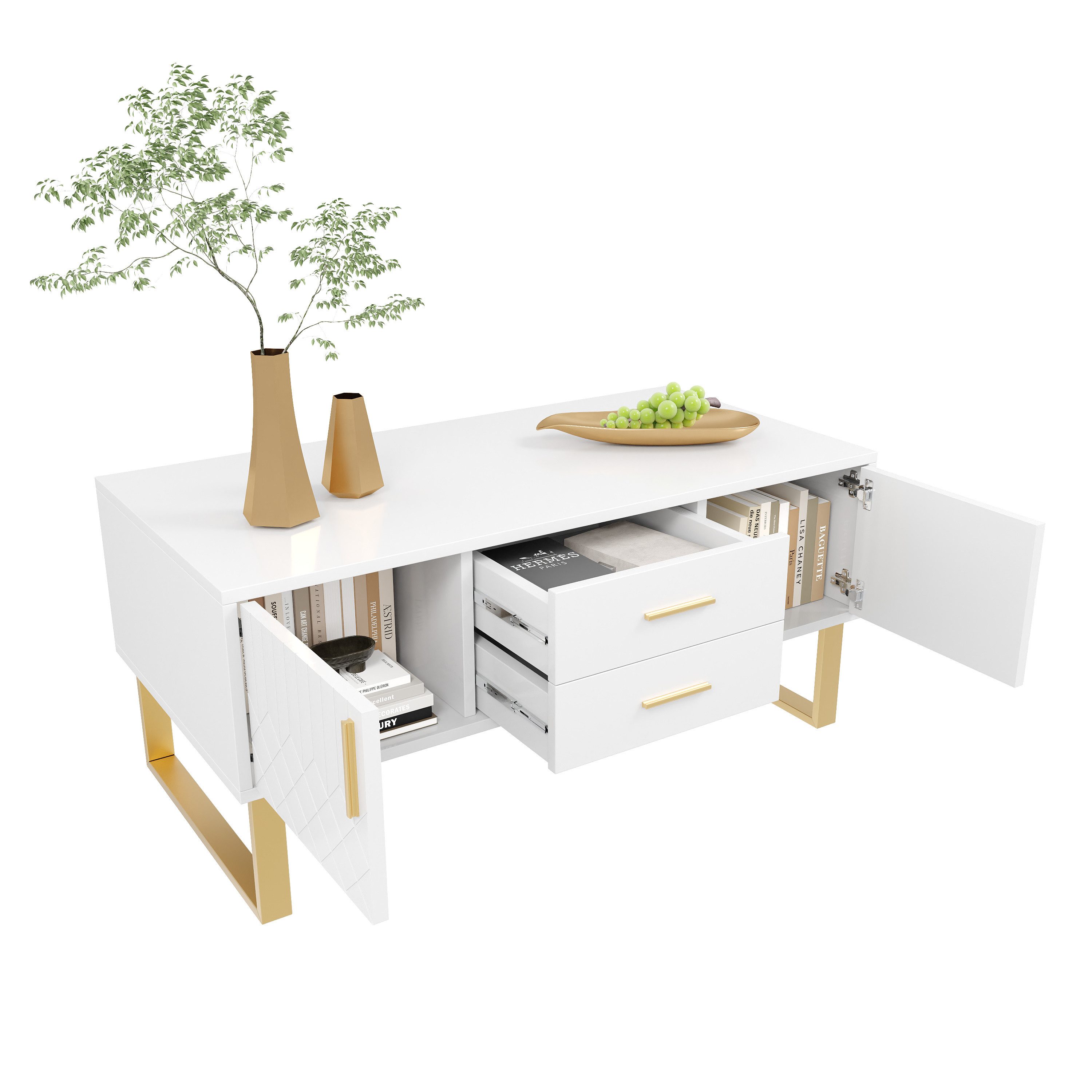 Couchtisch Hochglanz-Couchtisch mit Schubladen goldenen Griffen und Beinen