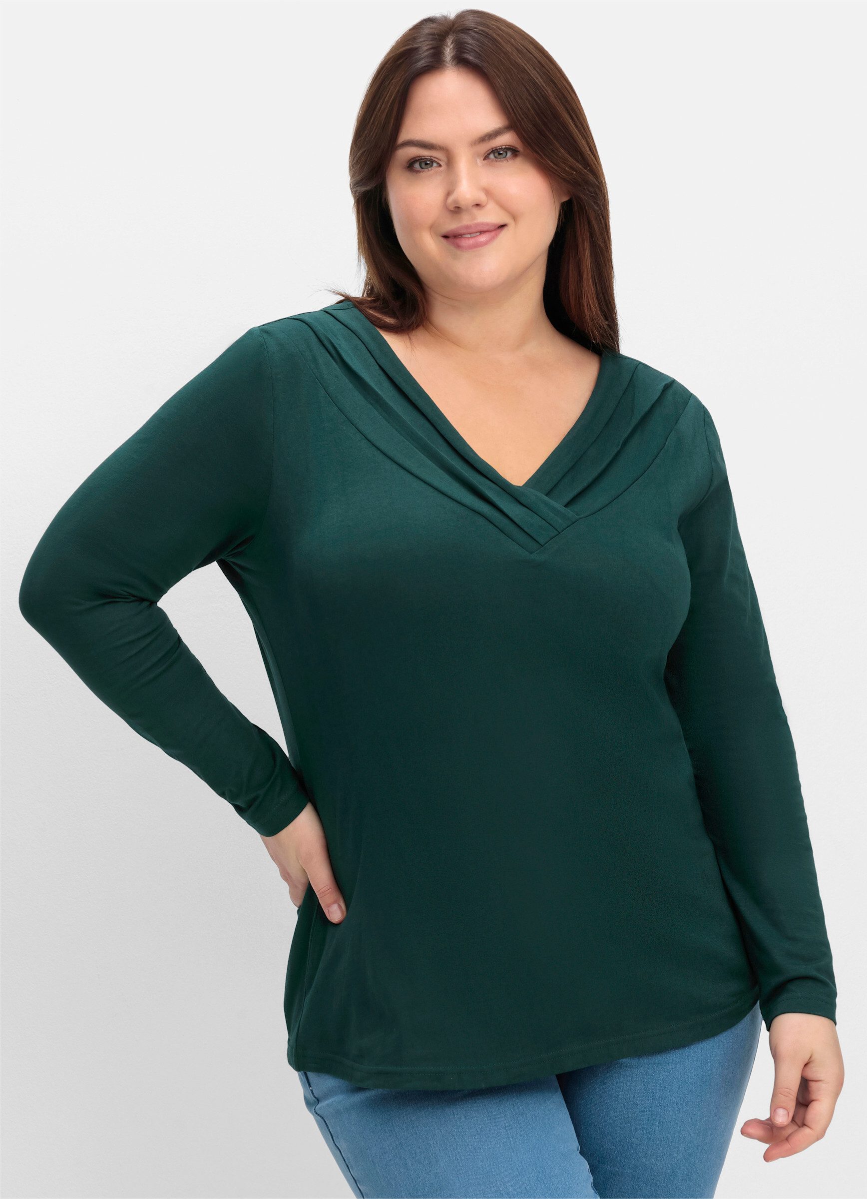 sheego by Joe Browns T-Shirt Langarmshirt . mit Zierfalten am V-Ausschnitt, günstig online kaufen