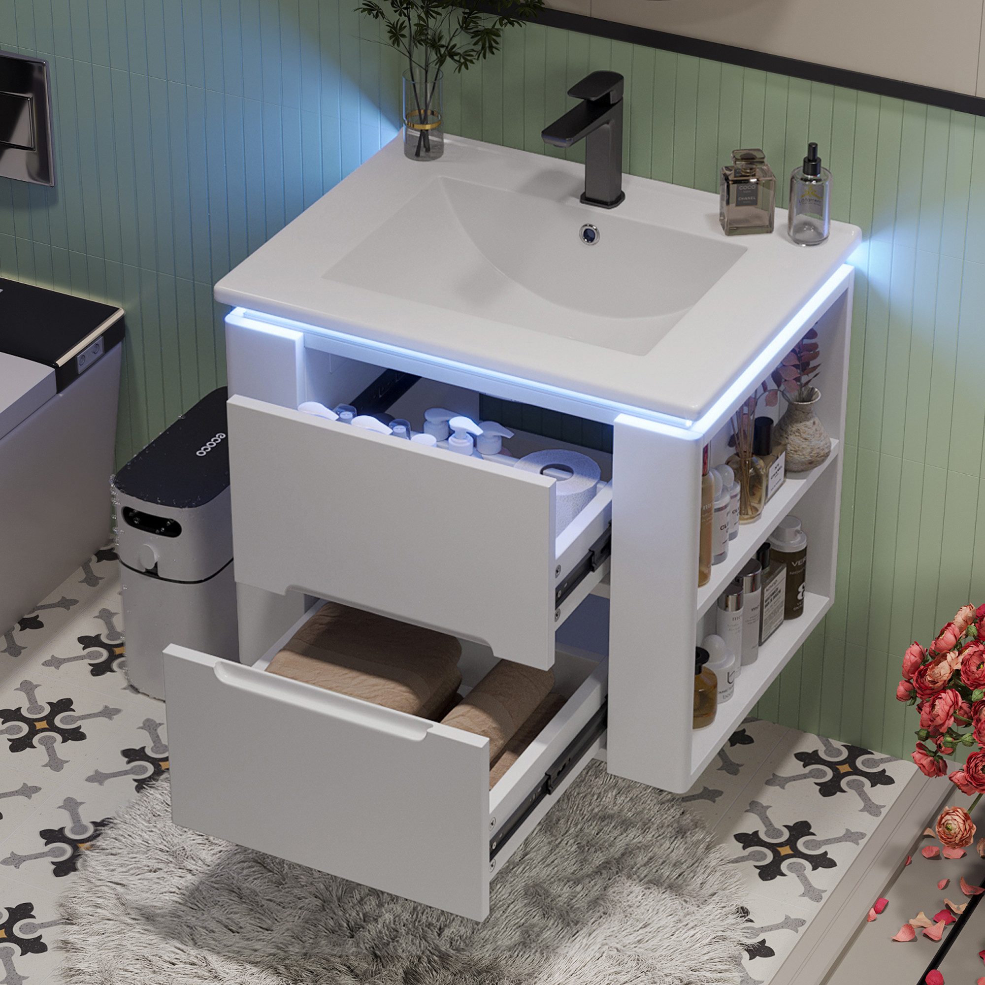 Merax Waschtisch mit LED-Radarsensorbeleuchtung & doppelseitigen Ablagen (Badschrank Badmöbel, 1-St., 61x46x48.5cm), Hängender Badezimmerschrank mit Waschbecken, Badezimmerschrank