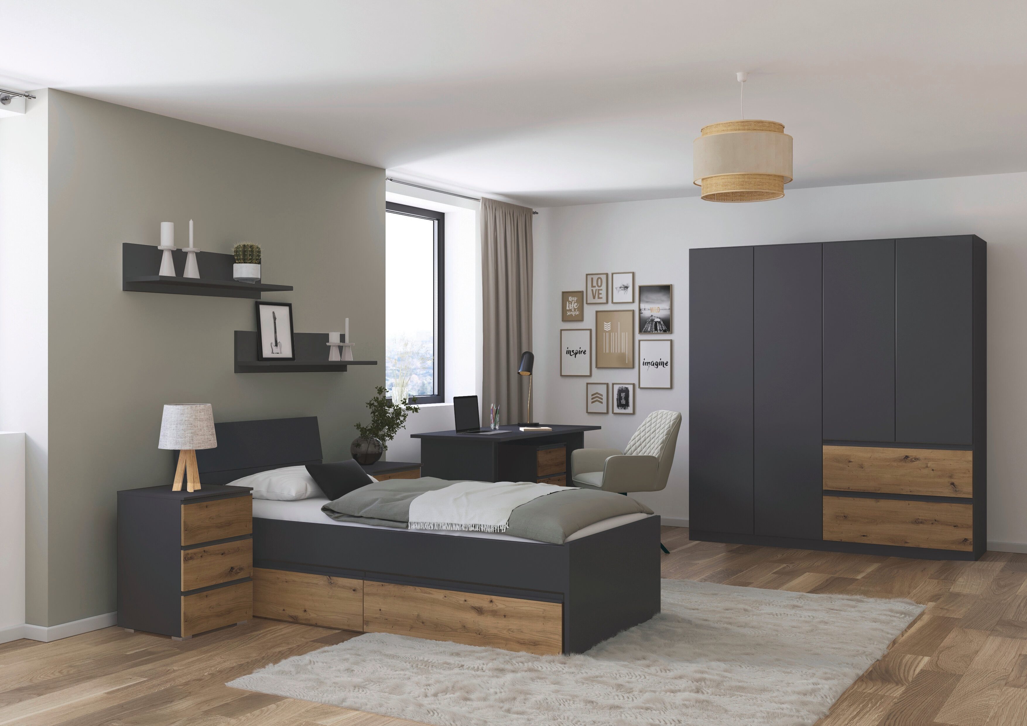 möbel-direkt.de Jugendzimmer-Set Joel mit 4 türigem Kleiderschrank in Grau Metallic und Artisan Eiche, (Komplett Set, 5-tlg., in verschiedenen Ausführungen wählbar), Push To Open Funktion der Schranktüren