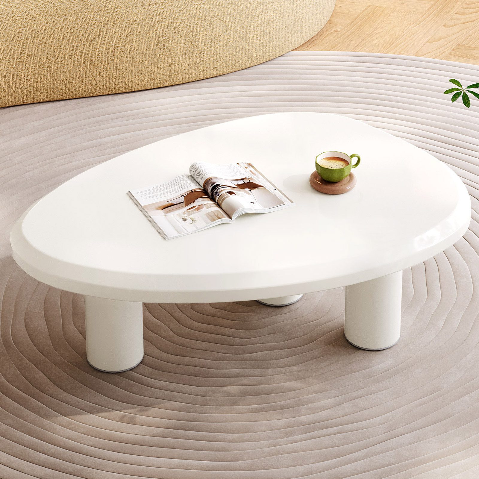 Guyii Couchtisch oval Cremeweiß, Hochglanz Sofatisch, 90 x 60 x 39,1 cm (1-St), Modern minimalistische Wohnzimmertisch mit abgerundeten Kanten