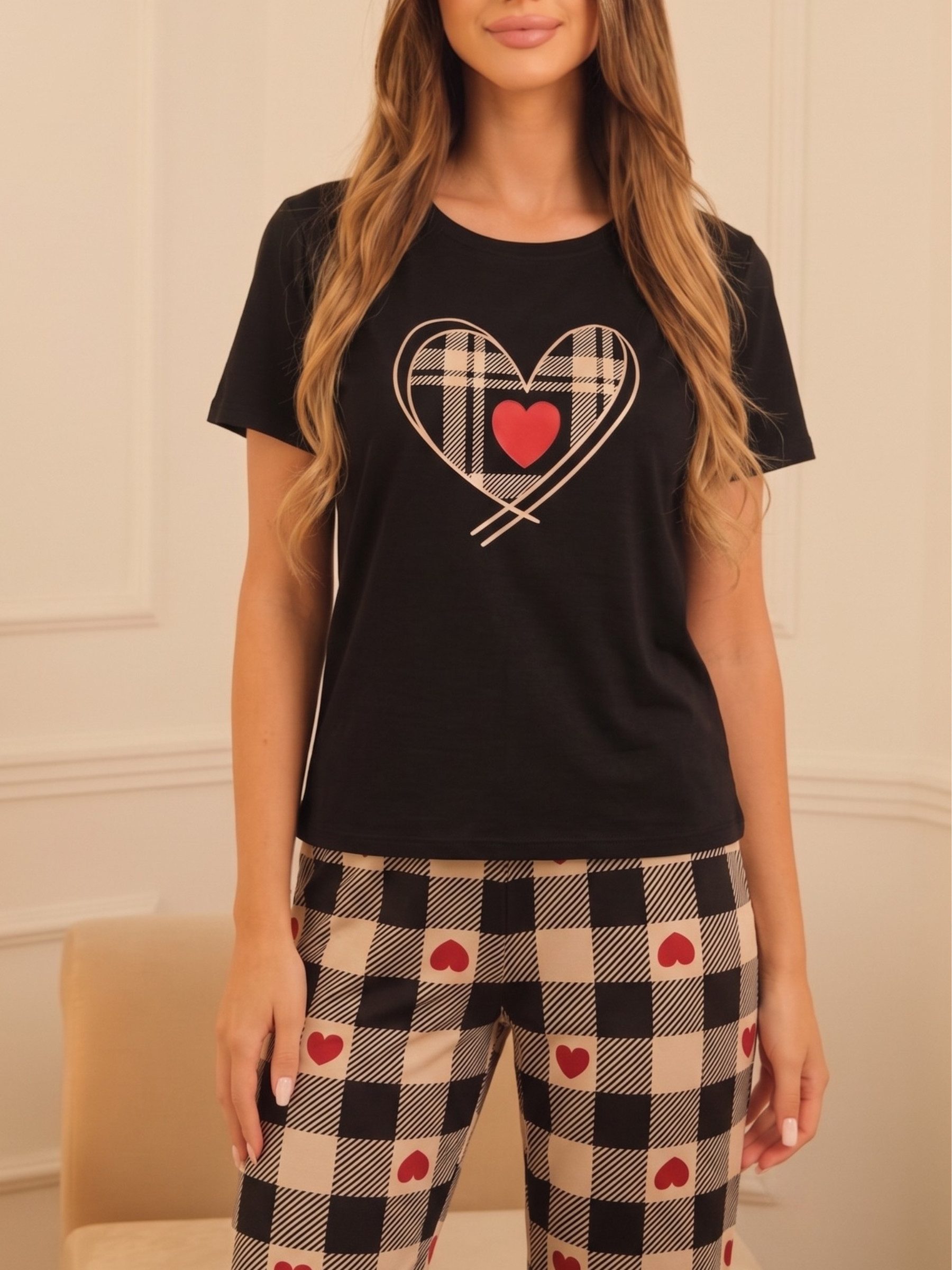 Elegant Love Pyjama Loungewear-Set Damen – Schlafanzug mit Herzprint und Karohose (Set, 2 tlg., Kurzarmshirt und lange Schlafhose) Nachtwäsche – Hausanzug mit T – Bild 4 von 5
