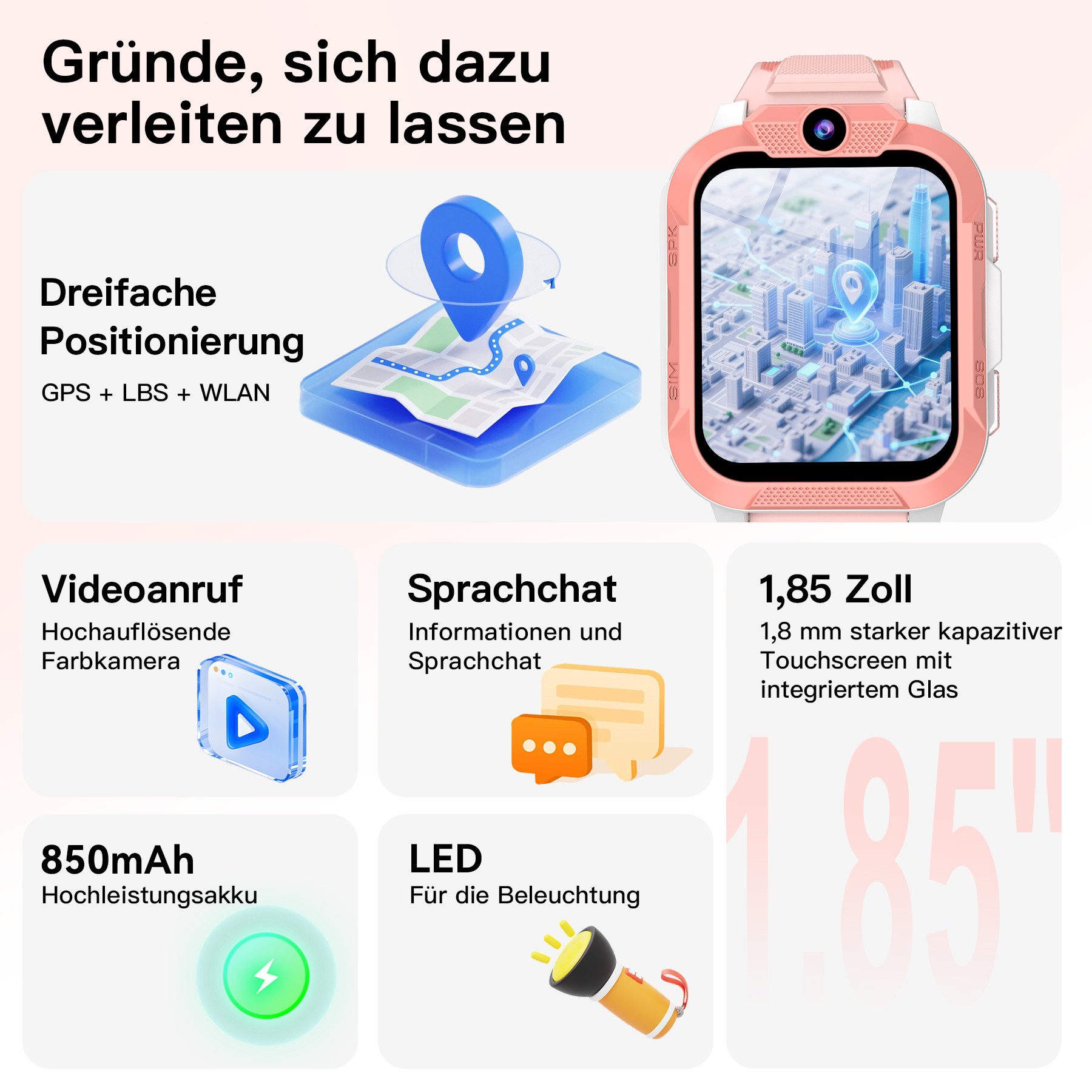 blackview 2026 Kinderuhr Z40Pro mit 3-fach Ortung, Videoanruf, IP68, SOS, 850mAh Smartwatch, 1,85", GPS+LBS+WiFi, 4G-LTE, IP68, Knips-Freunde, mit Taschenlampe
