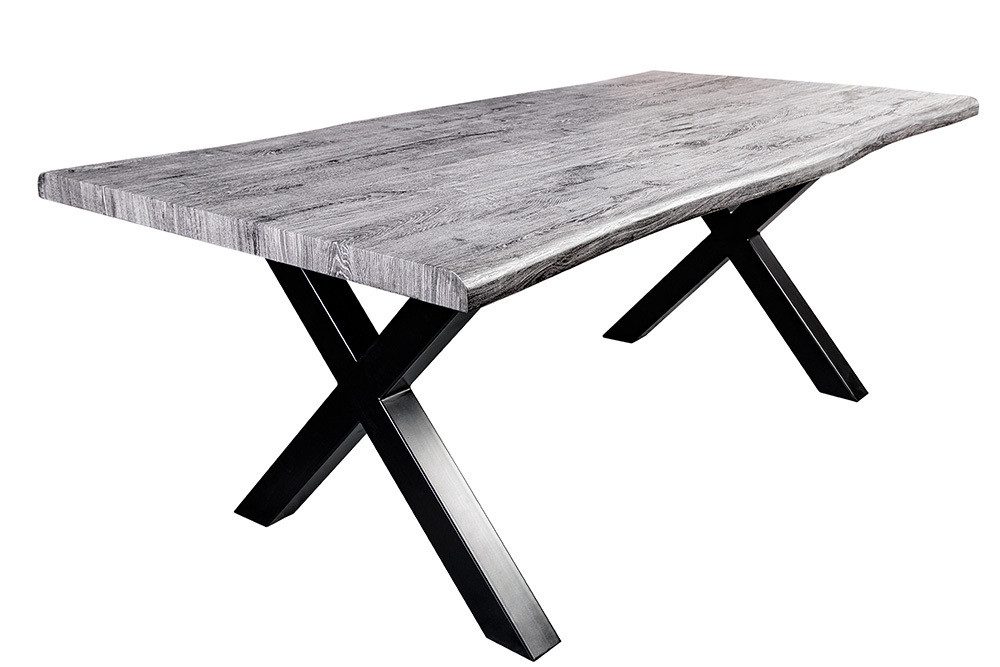 riess-ambiente Baumkantentisch WILD 160cm grau gekälkt/schwarz - Wildeichen-Design, Metall-X-Gestell (Einzelartikel, 1-St), Industrial Design & 5cm Tischplatte - ideal für bis zu 4 Personen