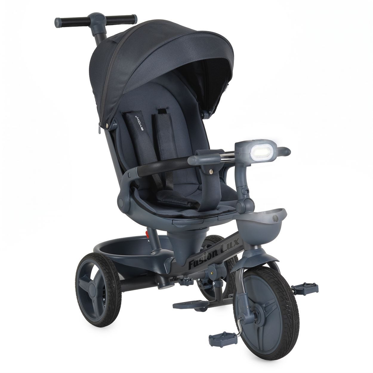 Byox Dreirad Dreirad Fusion Lux Musik, Scheinwerfer PU-Reifen Hinterradbremsen Korb Gurt