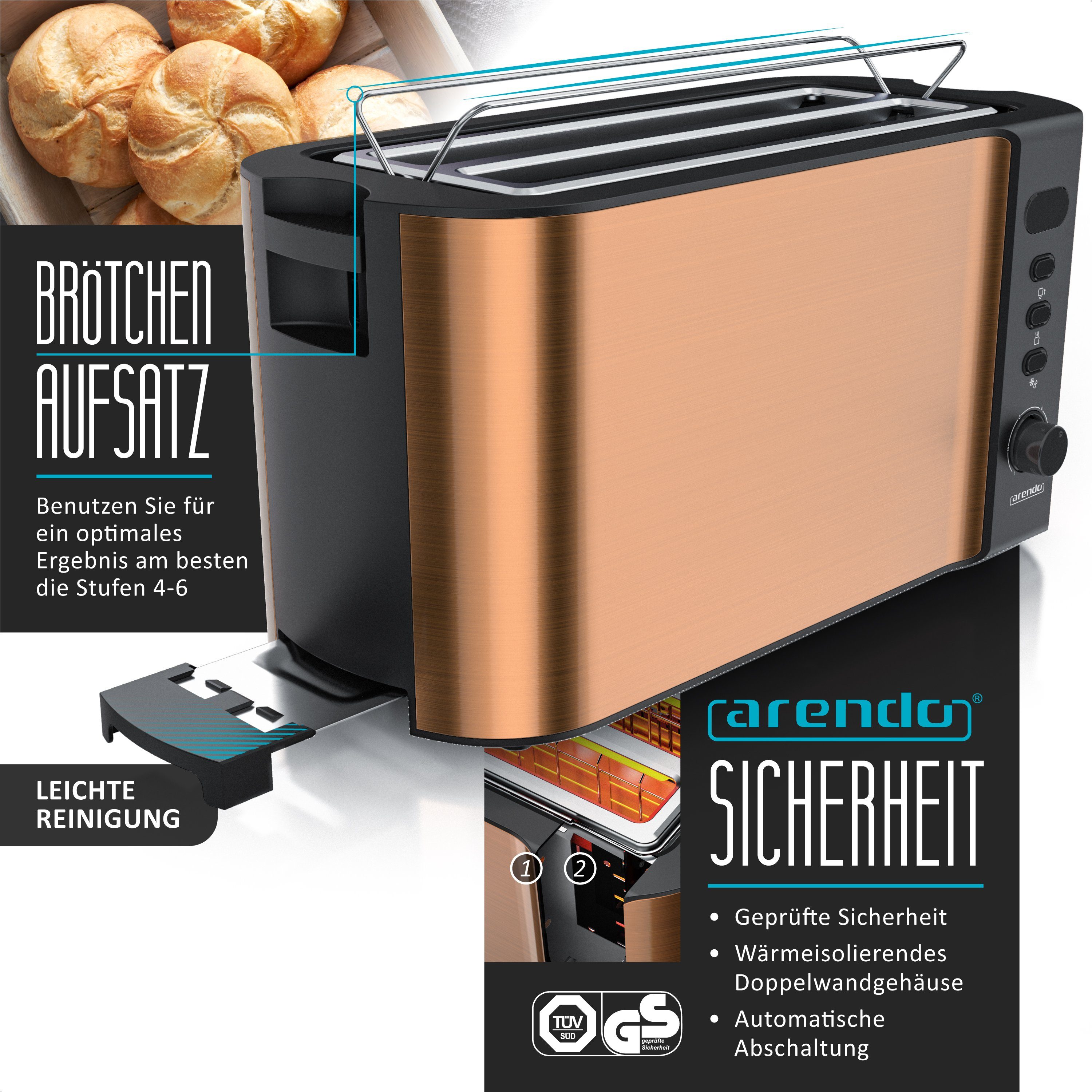 Arendo Frühstücks-Set Wasserkocher 1,5l, 4-Scheiben Toaster, 7er Eierkocher, Kupfer (3-tlg), Edelstahl, BPA-frei, GS-geprüfte Sicherheit, fürs Familienfrühstück – Bild 4 von 5