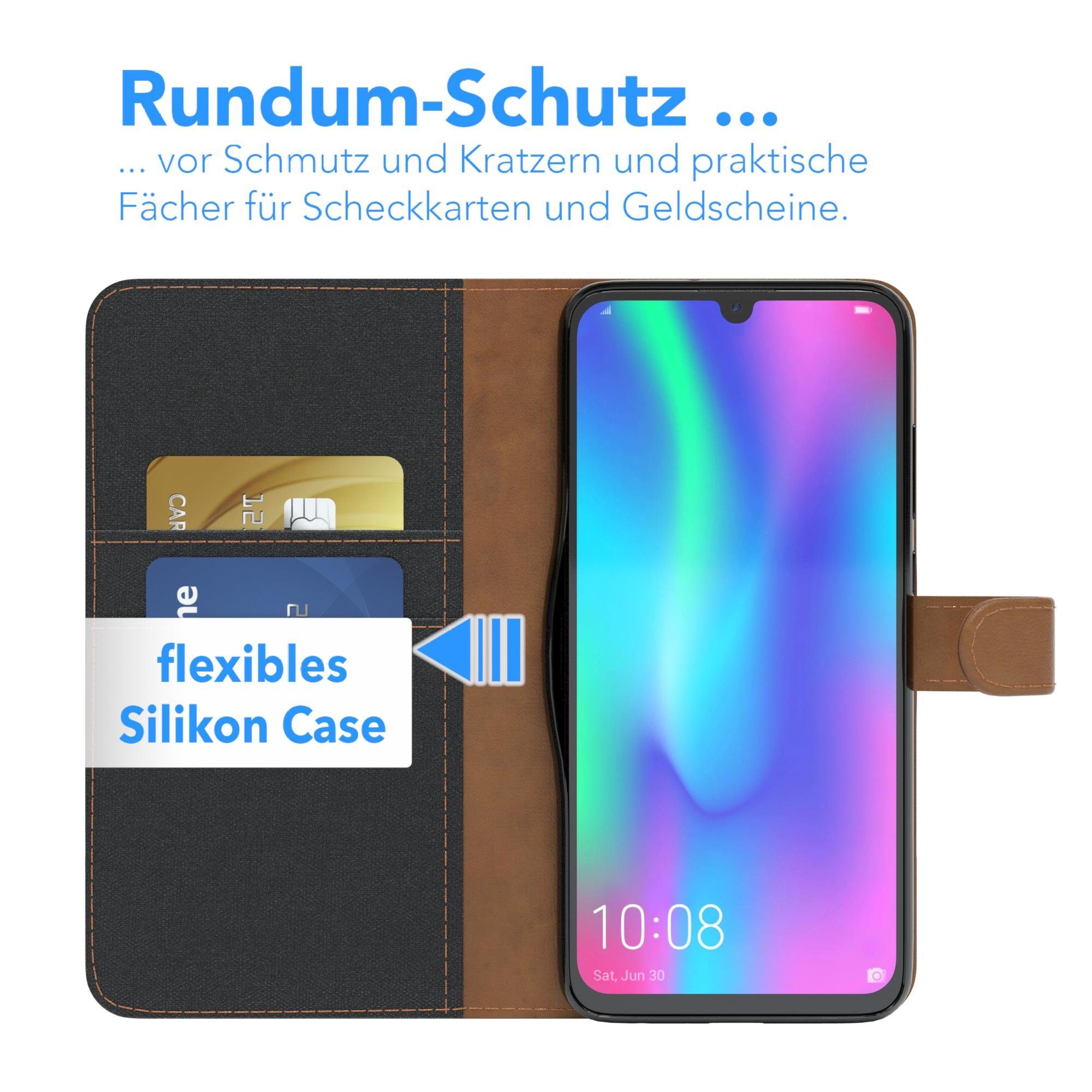EAZY CASE Handyhülle Bookstyle Jeans für Huawei Honor 10 Lite 6,21 Zoll, Handytasche Jeans mit Standfunktion und Visitenkartenfach Schwarz