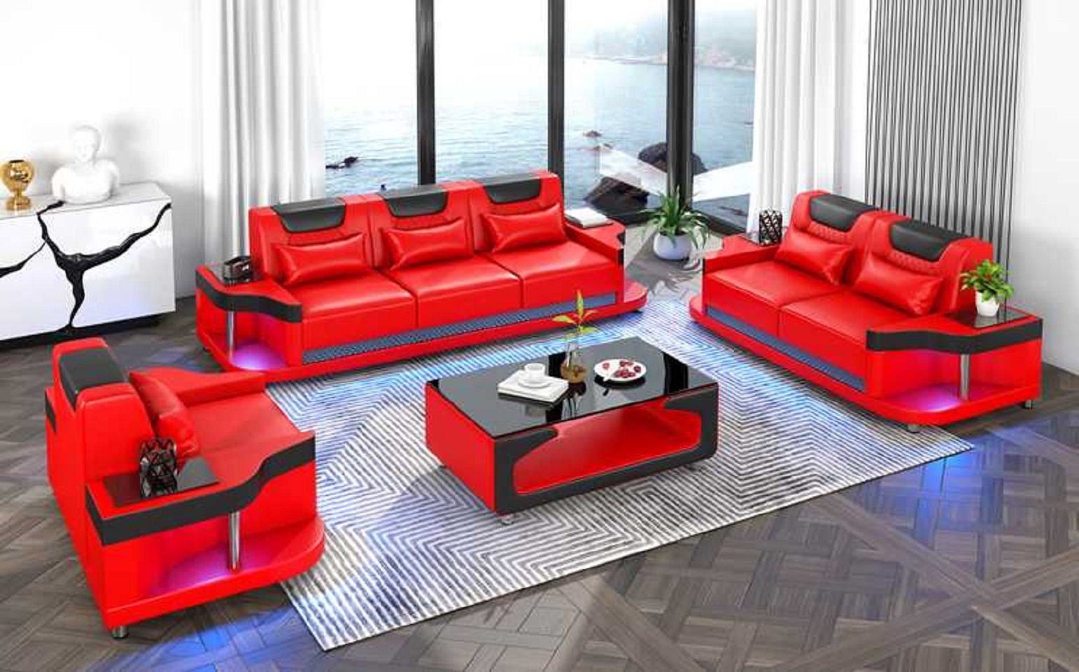 JVmoebel Wohnzimmer-Set Couchgarnitur Sofagarnitur Sofas Sessel Modern 3tlg Set, (3-St., Nur Sofa 2+3 Sitzer + Sessel), Made in Europe Rot