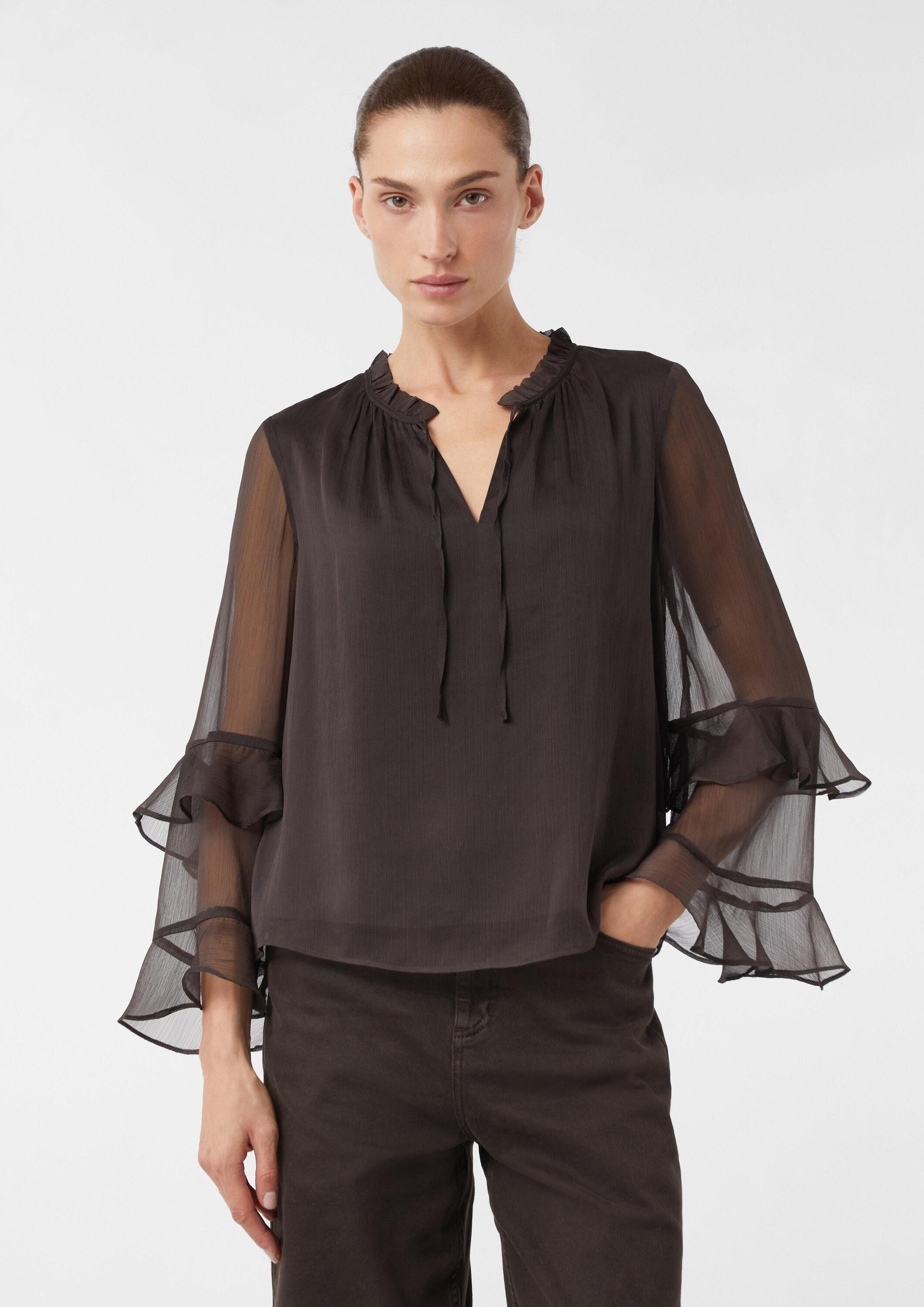 comma Langarmbluse Bluse Bluse mit femininen Volants aus Crêpe-Chiffon