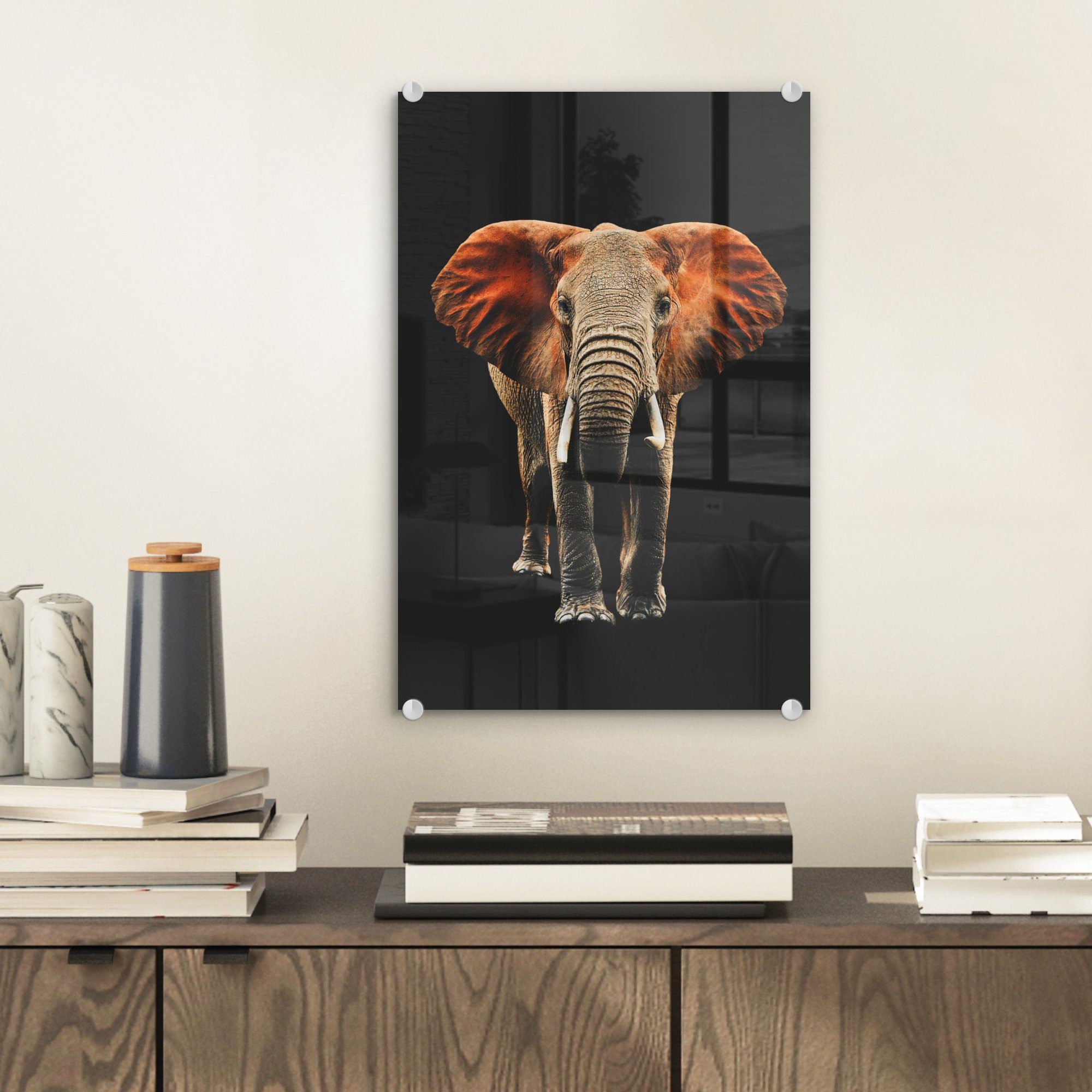 Wanddekoration MuchoWow - auf Glas - Bilder - St), Foto Orange, - Elefant Acrylglasbild Glas Schwarz - bunt Glasbilder (1 Wandbild auf