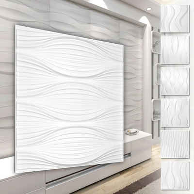 Hexim Wanddekoobjekt HD130 (PVC Kunststoff - weiße Wandverkleidung mit 3D Optik - Wave Motive (3 qm 12 Platten) modern Deckenpaneele Hintergrund)