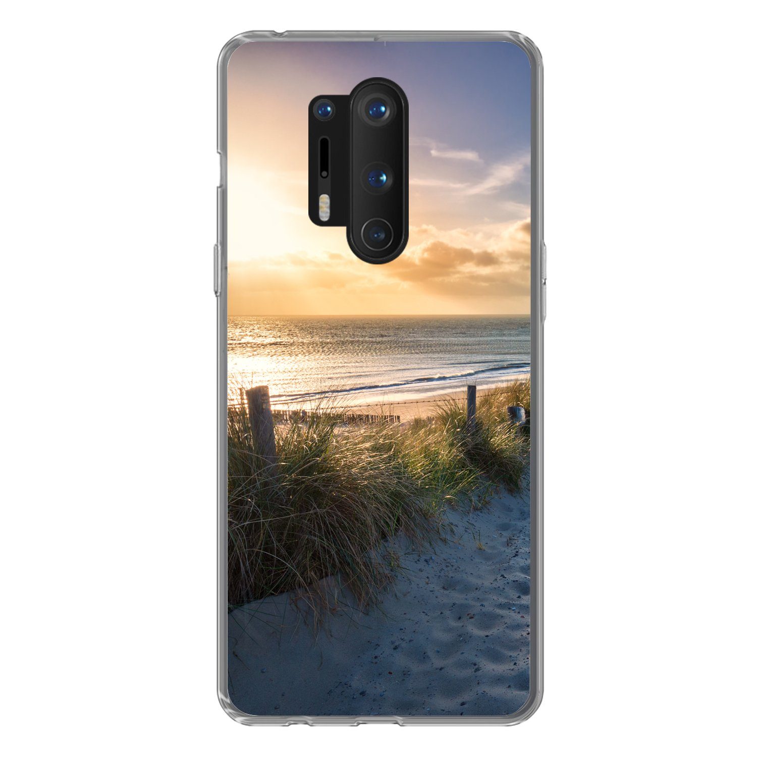 MuchoWow Handyhülle für OnePlus 8 Pro Sonnenuntergang - Strand - Düne - Gras - Bank, Phone Case, Silikon, Schutzhülle Dünn