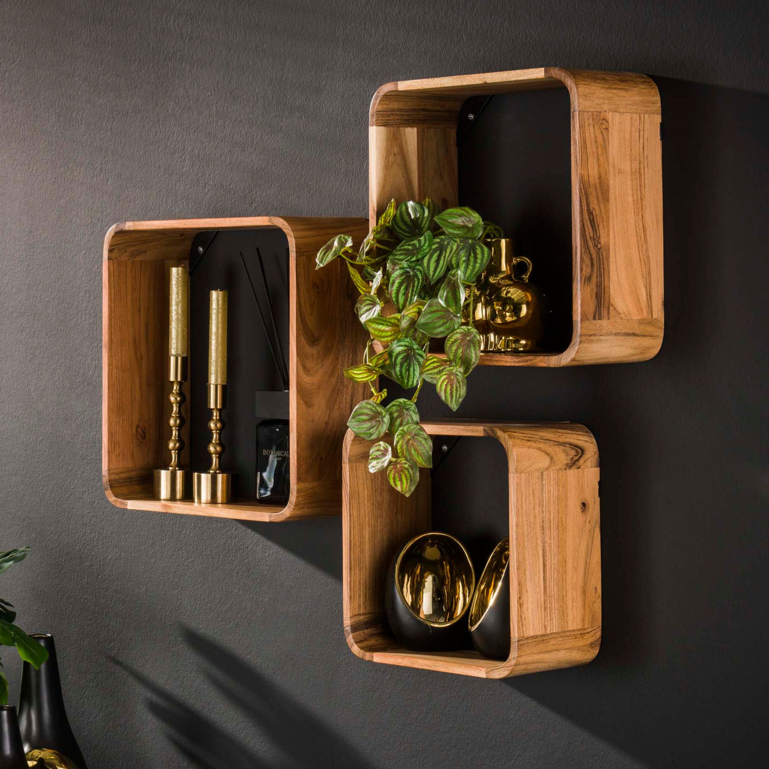 alesvelt Wandregal Set CUBO SOFT 3-teiliges Schweberegal aus massiver Akazie, 40x40xm, 30x30cm, 35x35cm, Akazienholz