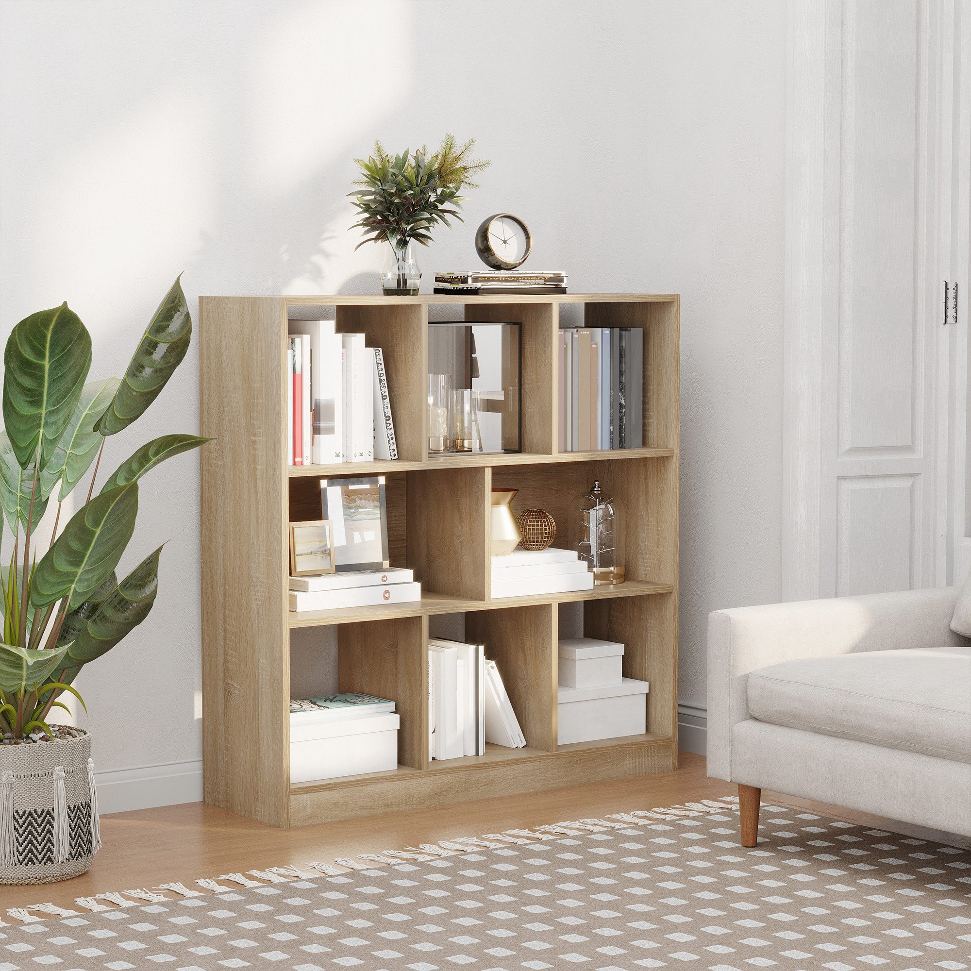 HOMCOM Bücherregal Standregal mit 8 Fächern Würfelregal für Schlafzimmer, Büro, Büroregal 1-tlg., für Home-Office Wohnzimmer Natur 97,5 x 30 x 100 cm