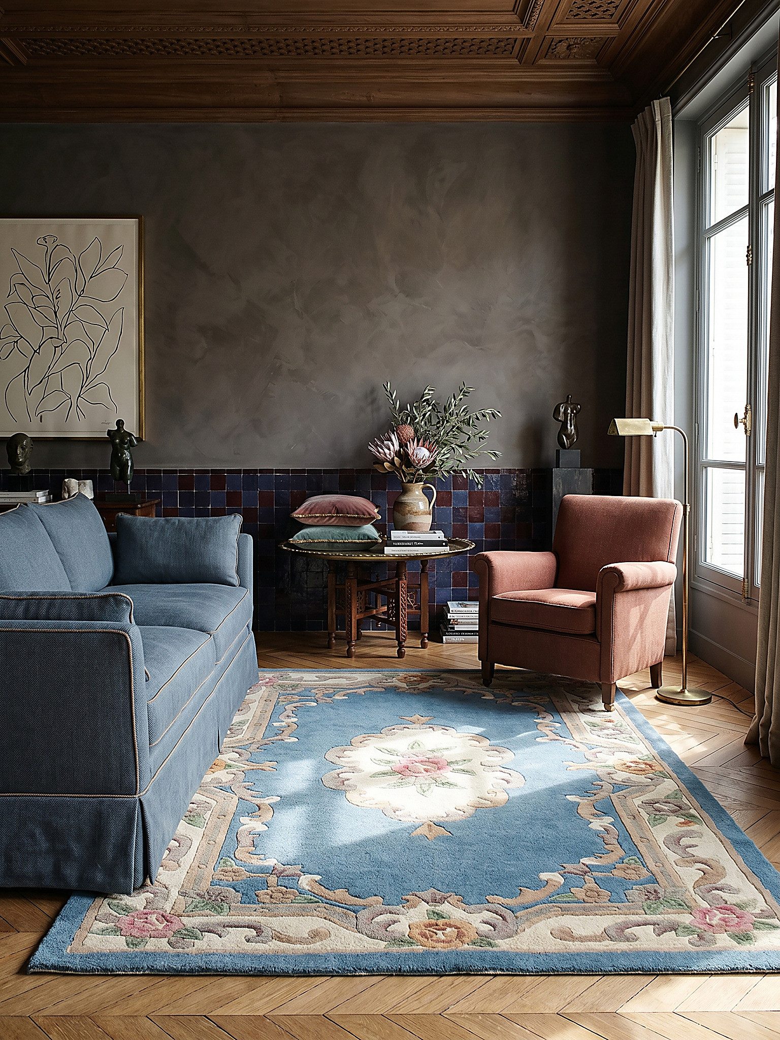 KADIMA DESIGN Wollteppich BEAULY Designerteppich Aubusson-Ornament Vintage 75x150 Blau-Beige, Läufer, Höhe: 13 mm, 100% Wolle, 9 mm Kurzflor, 3500 g/m², klassisch, traditionell, weich