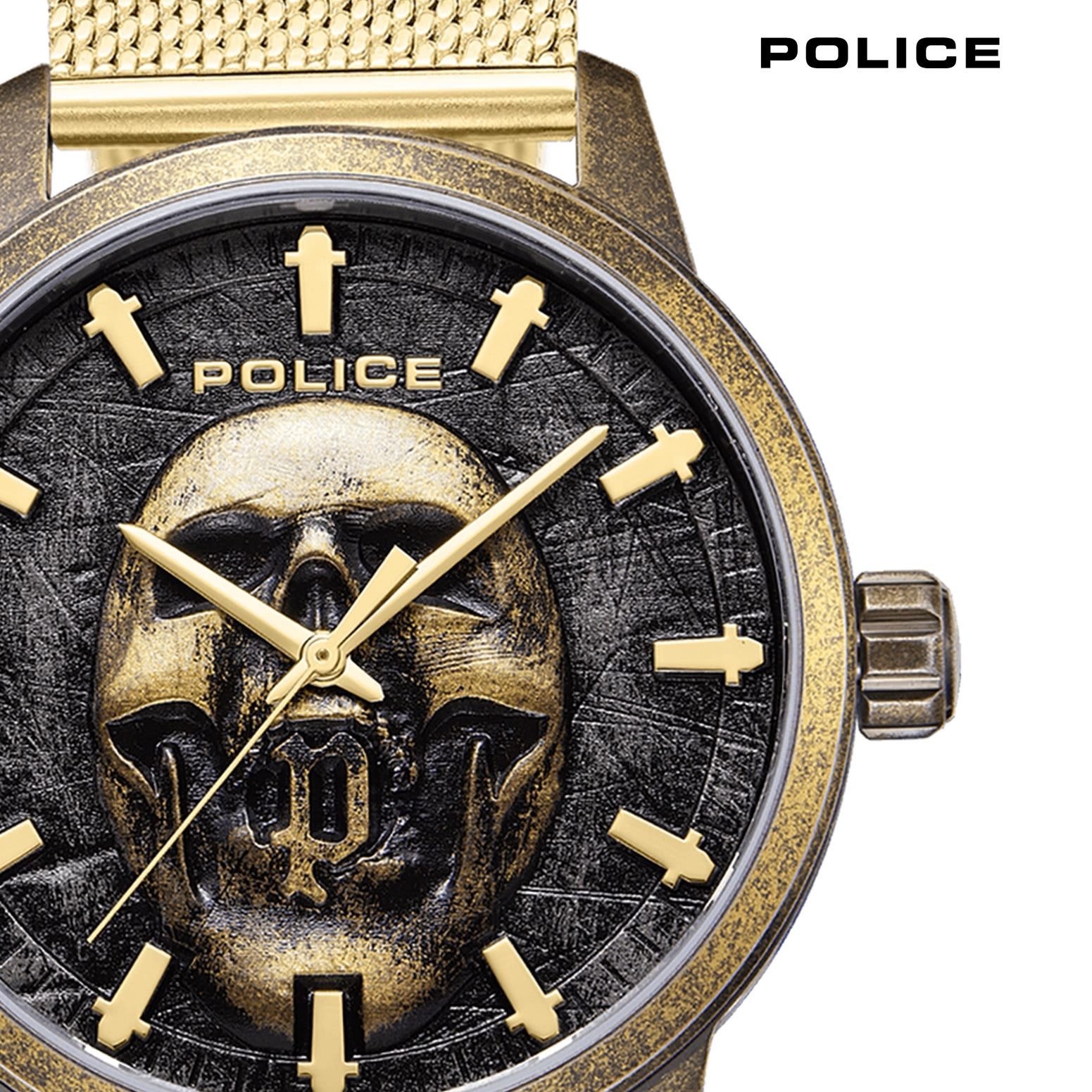 Police Quarzuhr Police Herrenuhr Edelstahl gold, (Analoguhr), Herrenuhr rund, extra groß (ca. 44x52mm) Edelstahlarmband