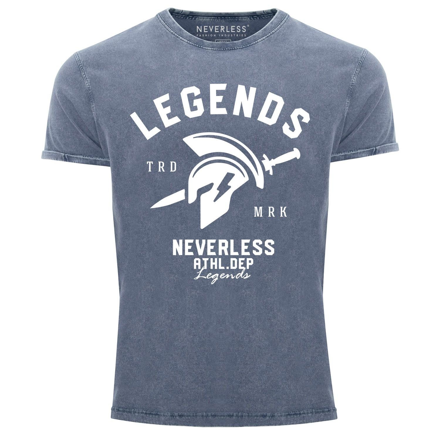 Neverless Print-Shirt Cooles Angesagtes Herren T-Shirt Vintage Shirt Sparta Gym Athletics Sport Fitness Legends Aufdruck Used Look Slim Fit Neverless® mit Print blau