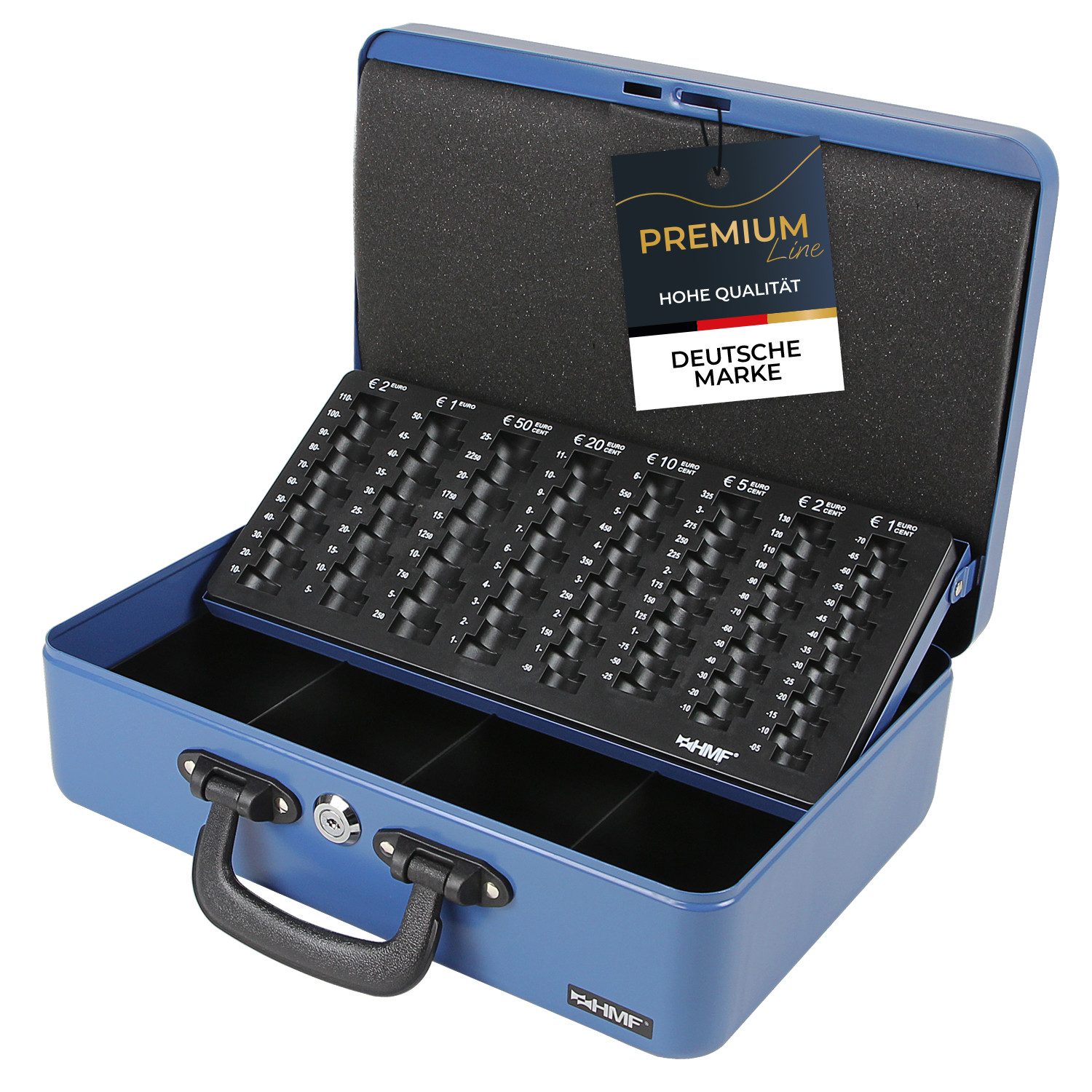HMF Geldkassette Abschließbare Bargeldkasse mit EURO-Münzzählbrett und Scheinfach, Geldzählkassette mit Koffertragegriff, 36 x 25 x 11 cm, Blau