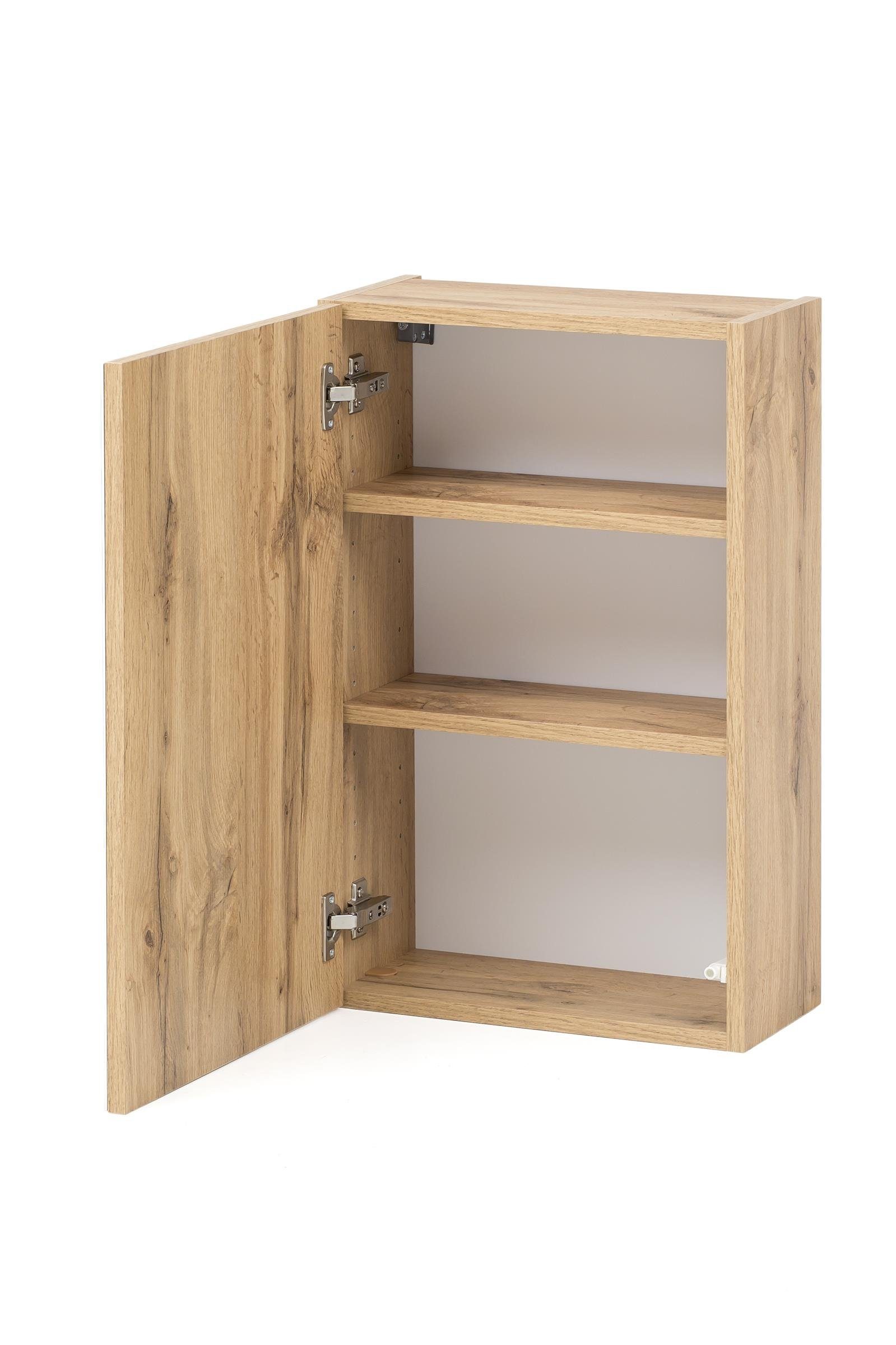 Hängeschrank, in in Push-to-open-Funktion, Tiefe melaminharzbeschichteter Breite cm, Hängeschrank aus Spanplatte 40 Glas Einlegeböden 20 mit Oulu Höhe Korpus cm, Wotaneiche, möbelando cm sowie aus Front Weiß, 2 64 1 Tür, Moderner