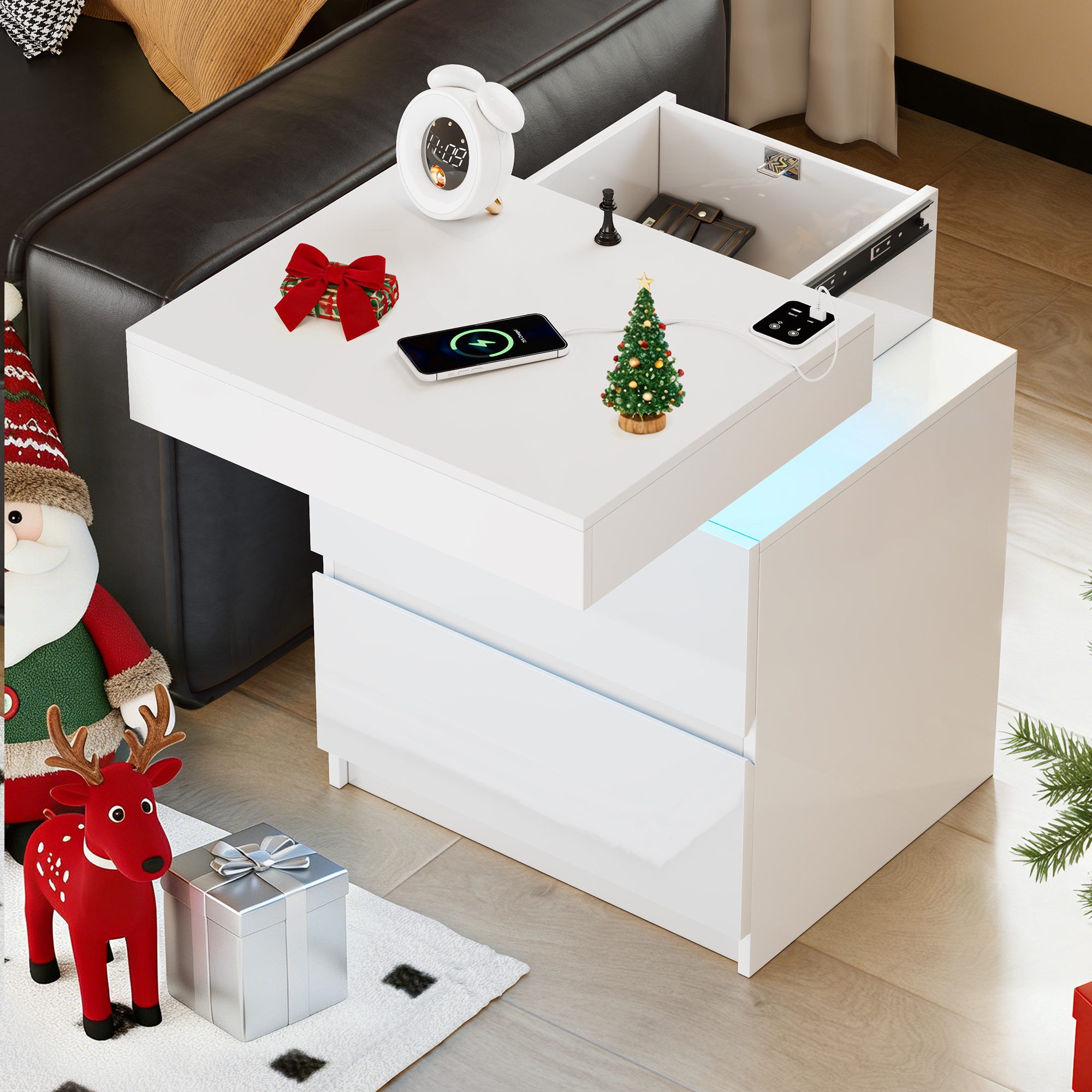 LVSOMT Nachttisch Moderner LED Nachttische mit Geheimfach, Ladefunktion, Sensorlicht (1-St), mit USB-C Laden, Smart LED Lichtfarben