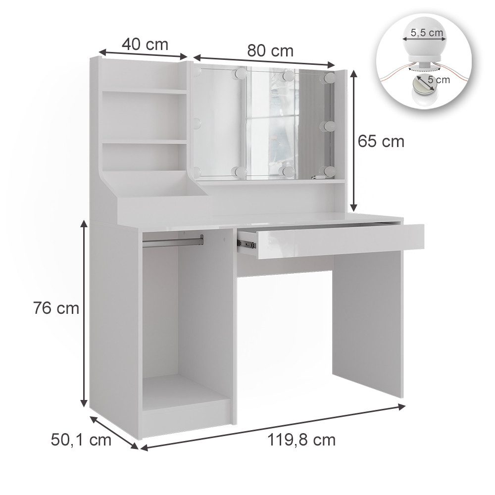 Vicco Schminktisch Sherry, Weiß/Weiß Hochglanz, 119.8 cm 4 Teile (1-St)