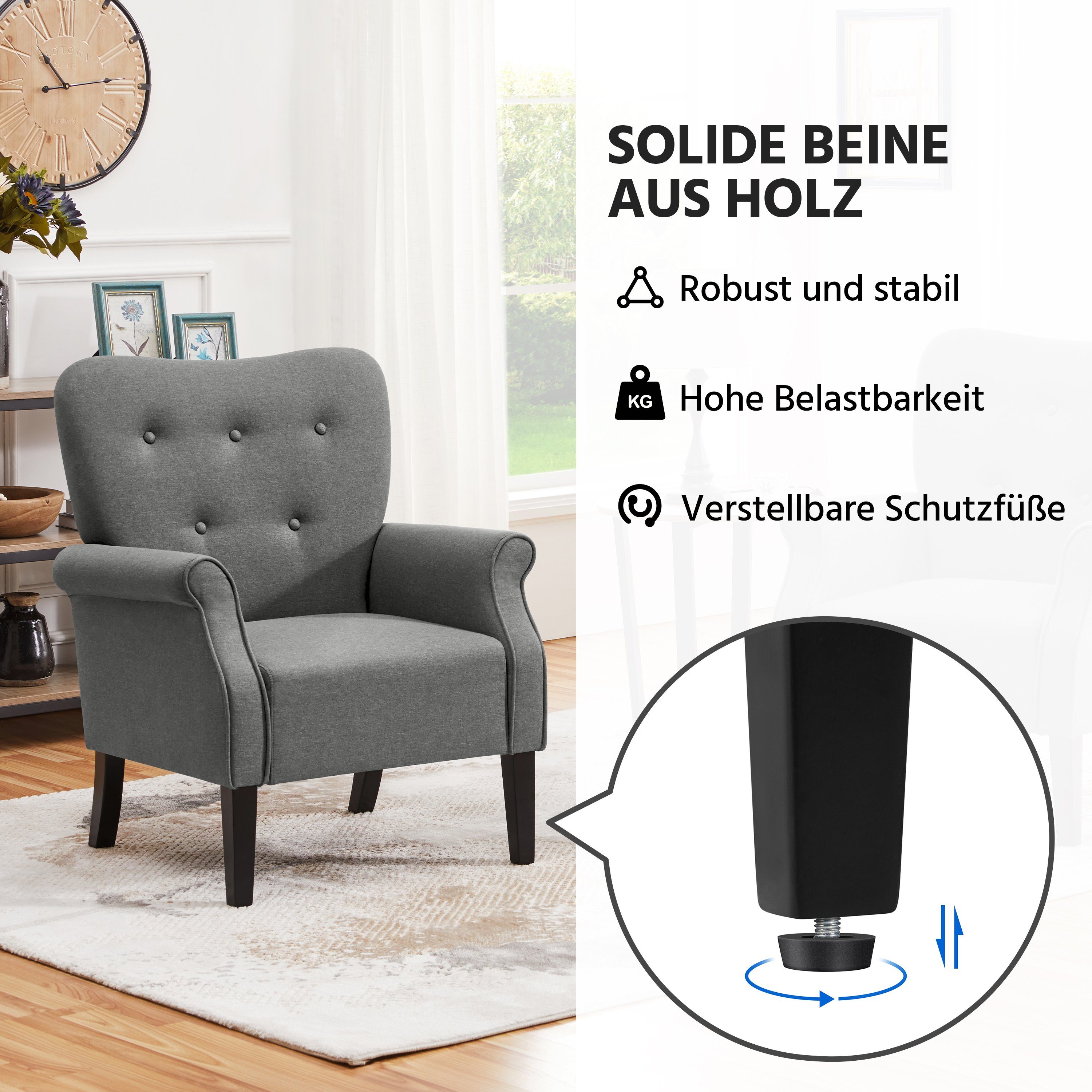 Cocktailsessel Holzbeinen mit Relaxsessel Ohrensessel, Loungesessel Yaheetech