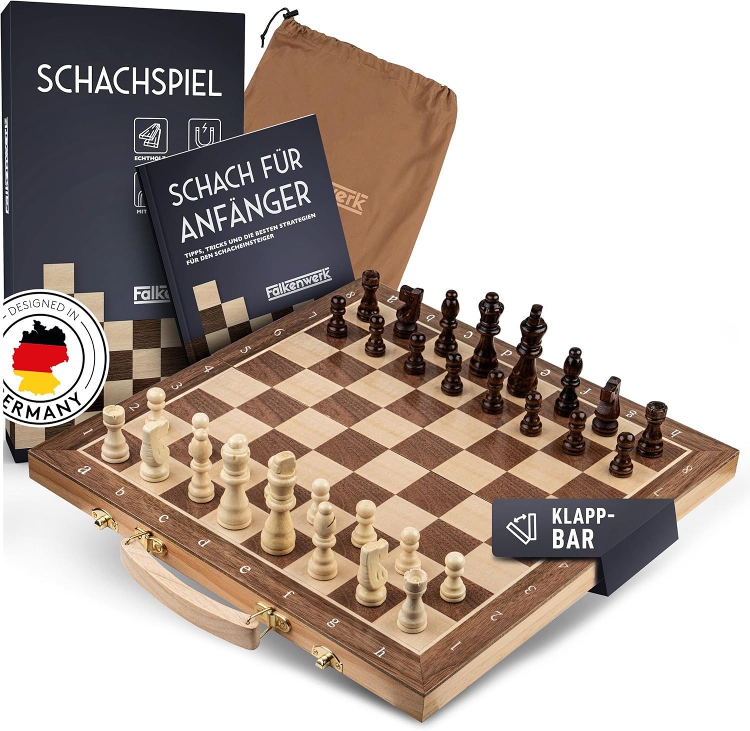 Falkenwerk Spiel magnetisches Schachspiel aus Holz [38x38 cm], Spielfiguren aus Echtholz mit Magnetfuß & Filz, Ratgeber & Tragetasche