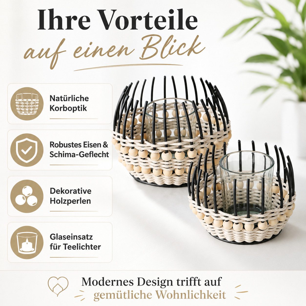BOLTZE Windlicht Boltze Windlicht Korb Lugo 2er-Set Natur/Schwarz (2 St)