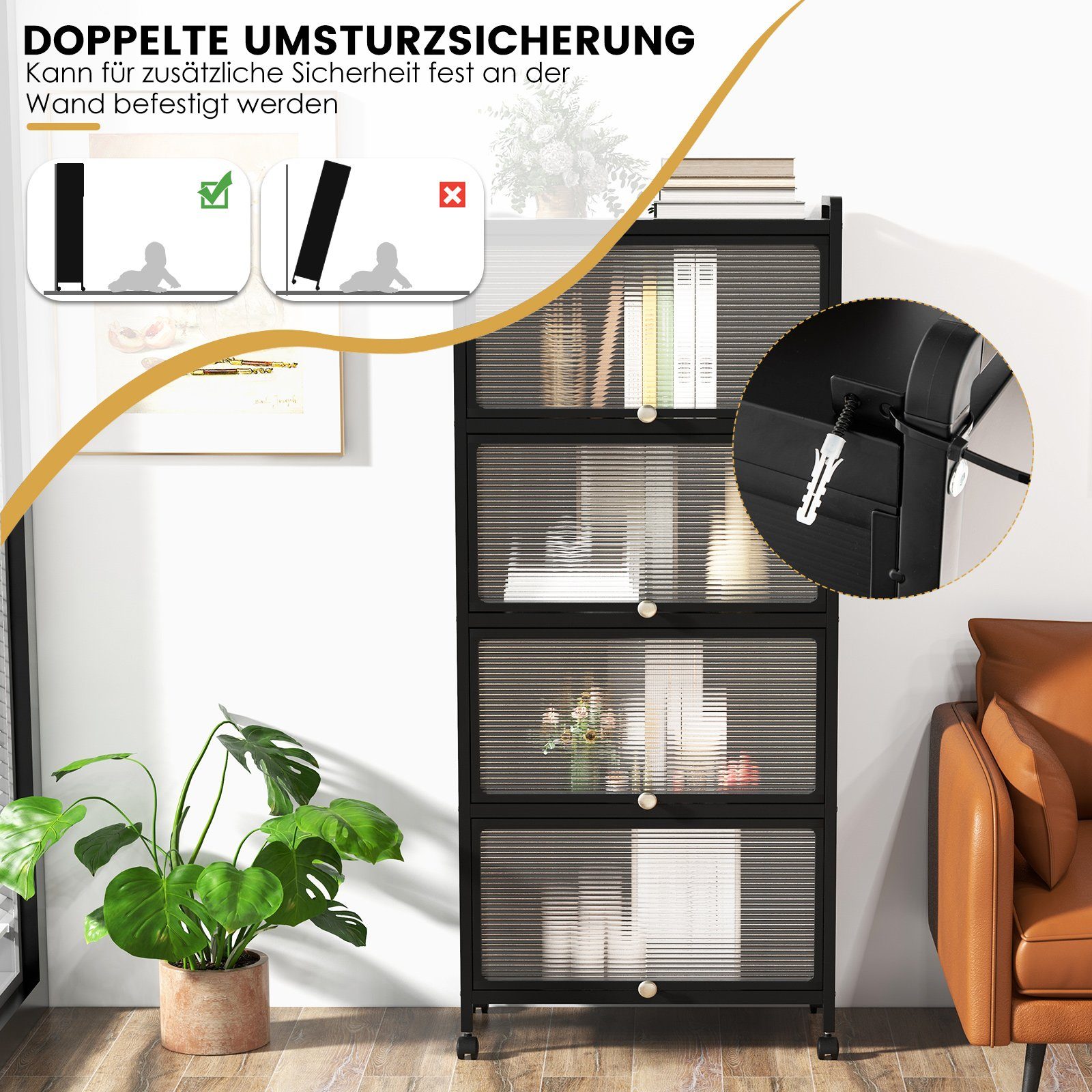 COSTWAY Hochschrank 5-stufig Küchenregal mit aufklappbaren PC-Türen & Rollen – Bild 5 von 5