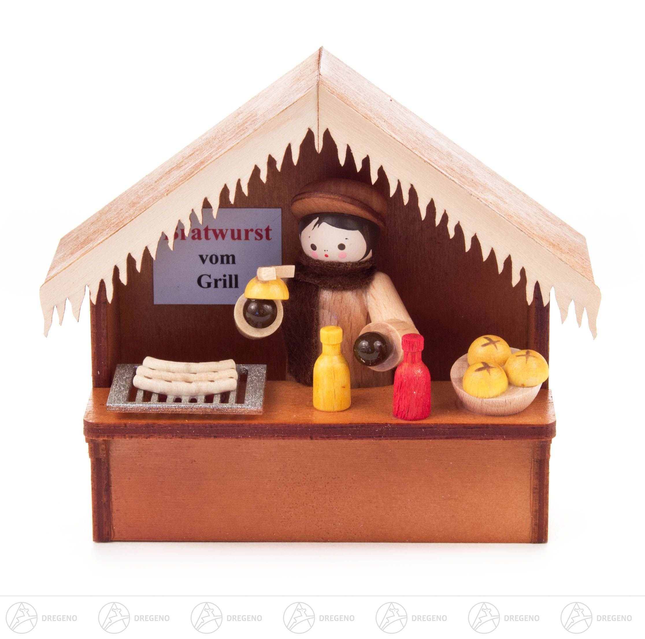 Dregeno Erzgebirge Weihnachtsfigur Weihnachtliche Miniatur Weihnachtsmarktbude Bratwurst Höhe ca 7,5 cm